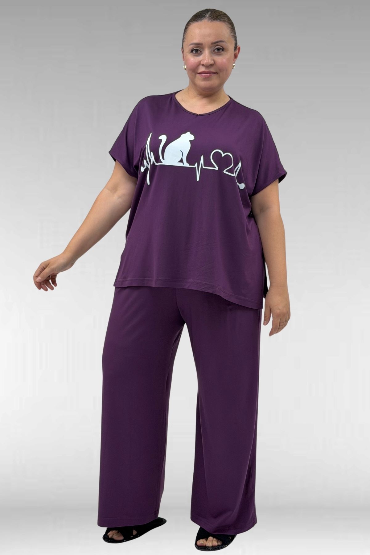 67804 Büyük Beden Yanı Yırtmaçlı Penye Pijama Takımı - Mürdüm
