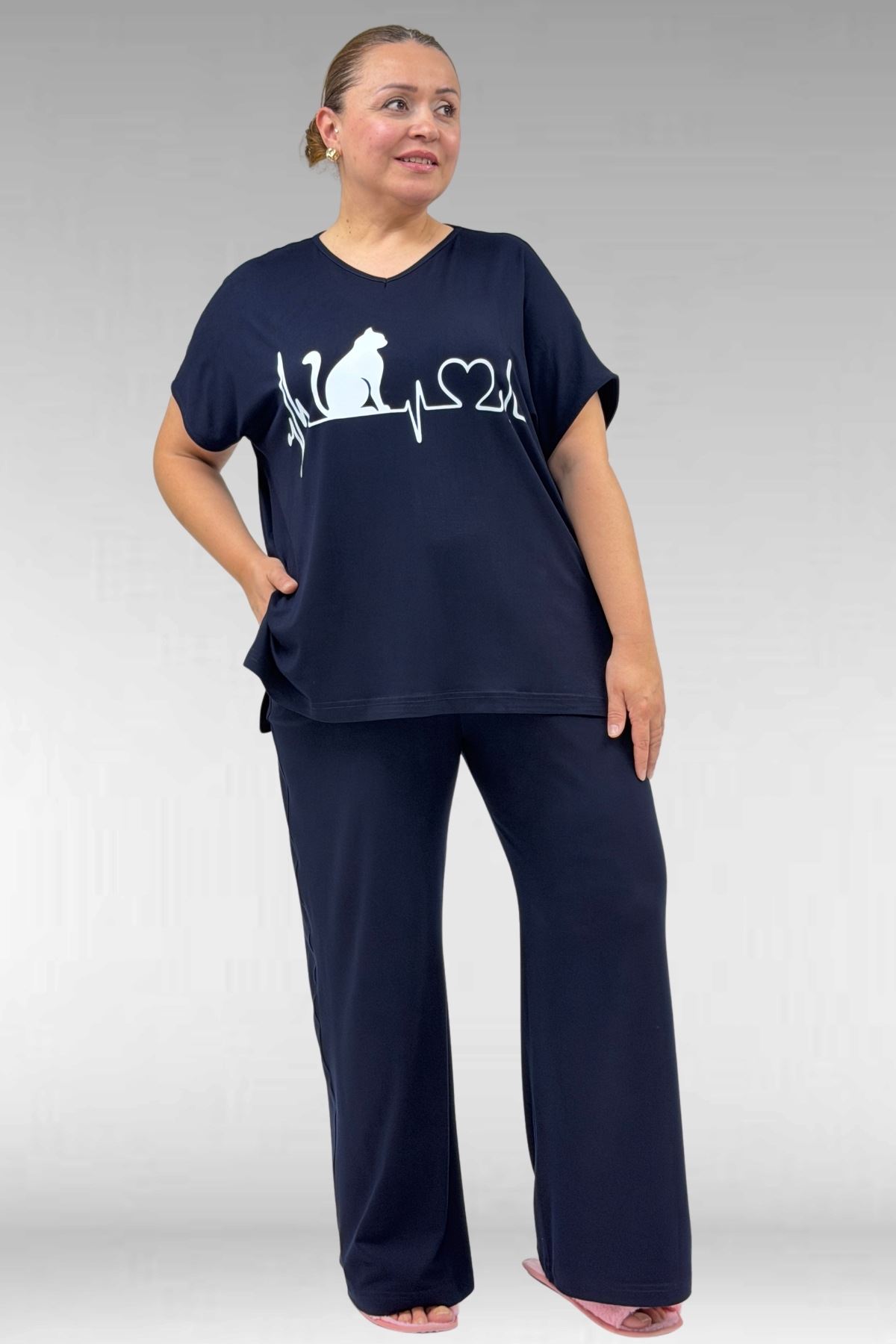 67804 Büyük Beden Yanı Yırtmaçlı Penye Pijama Takımı - Lacivert
