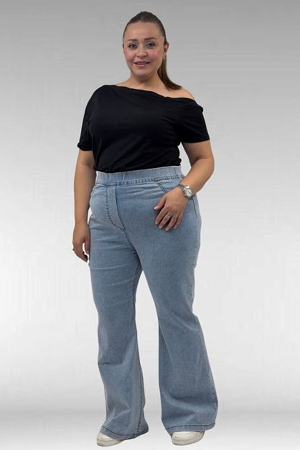D-9137-22 Büyük Beden İspanyol Paça Kot Pantolon - Kar Yıkama Buz Mavi 