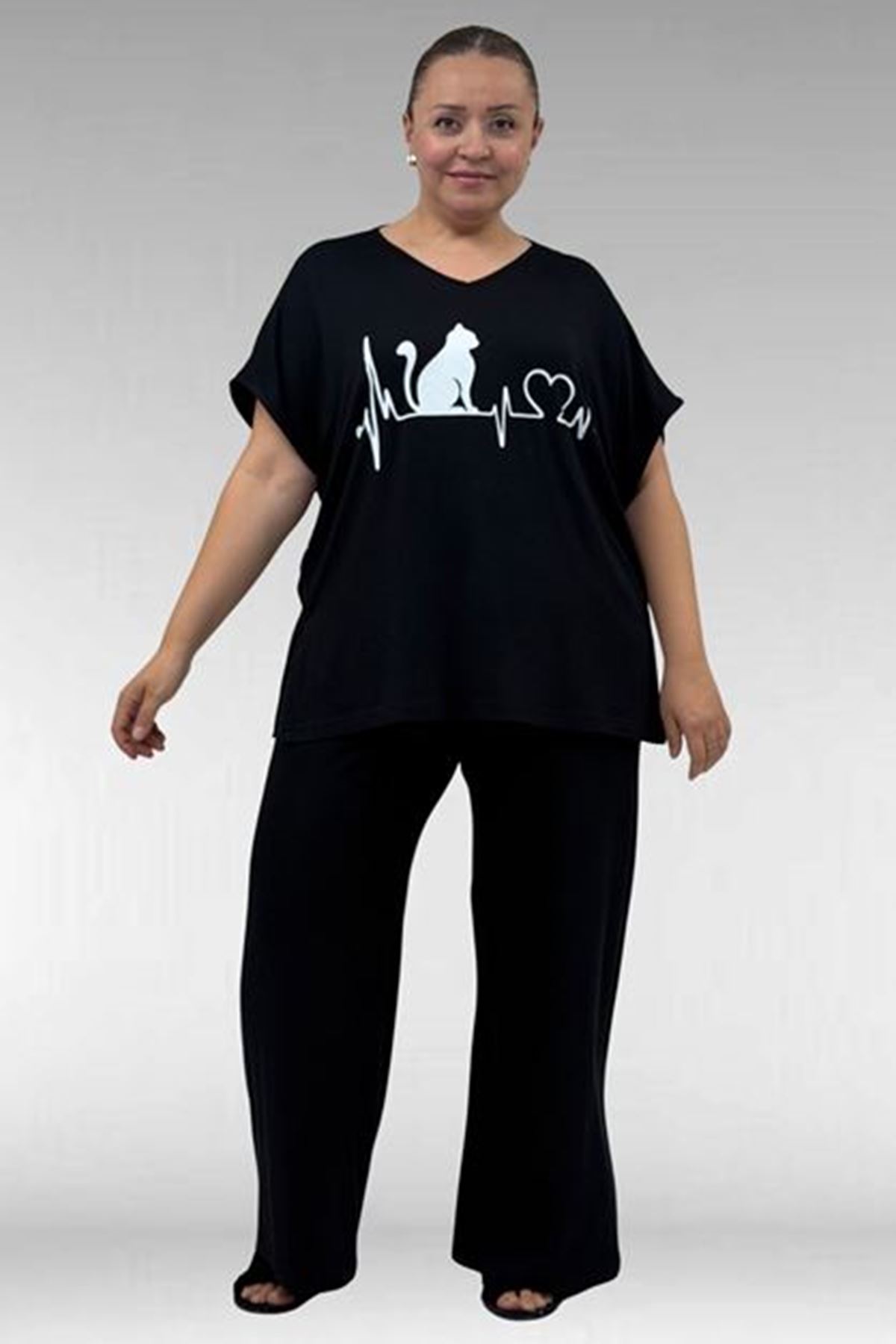 D-67804 Büyük Beden Yanı Yırtmaçlı Penye Pijama Takımı - Siyah