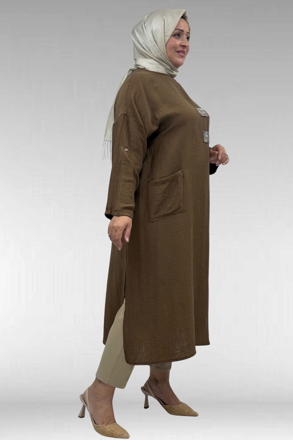 68044 Büyük Beden Taş Baskı Detaylı Double Tensel Tunik - Taba
