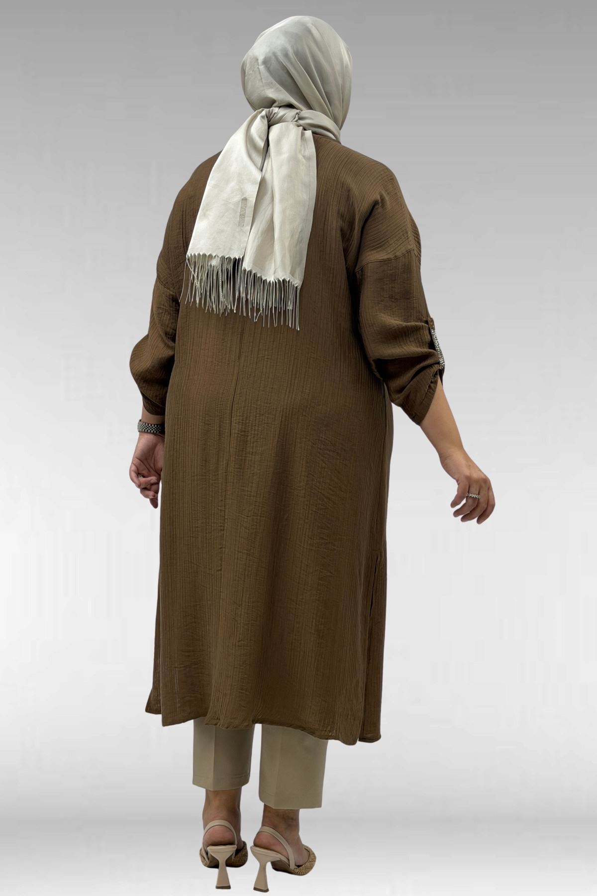 68044 Büyük Beden Taş Baskı Detaylı Double Tensel Tunik - Taba