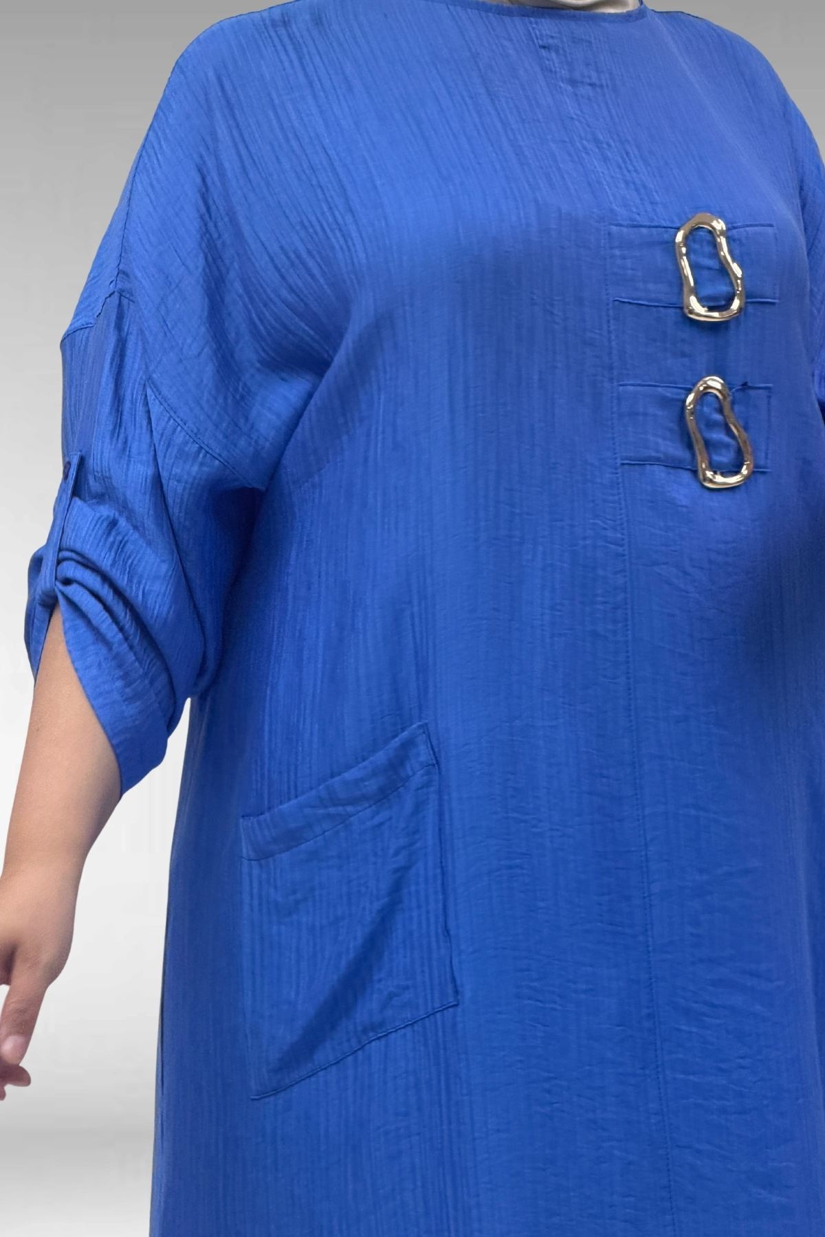 68043 Büyük Beden Toka Detaylı Double Tensel Tunik - İndigo