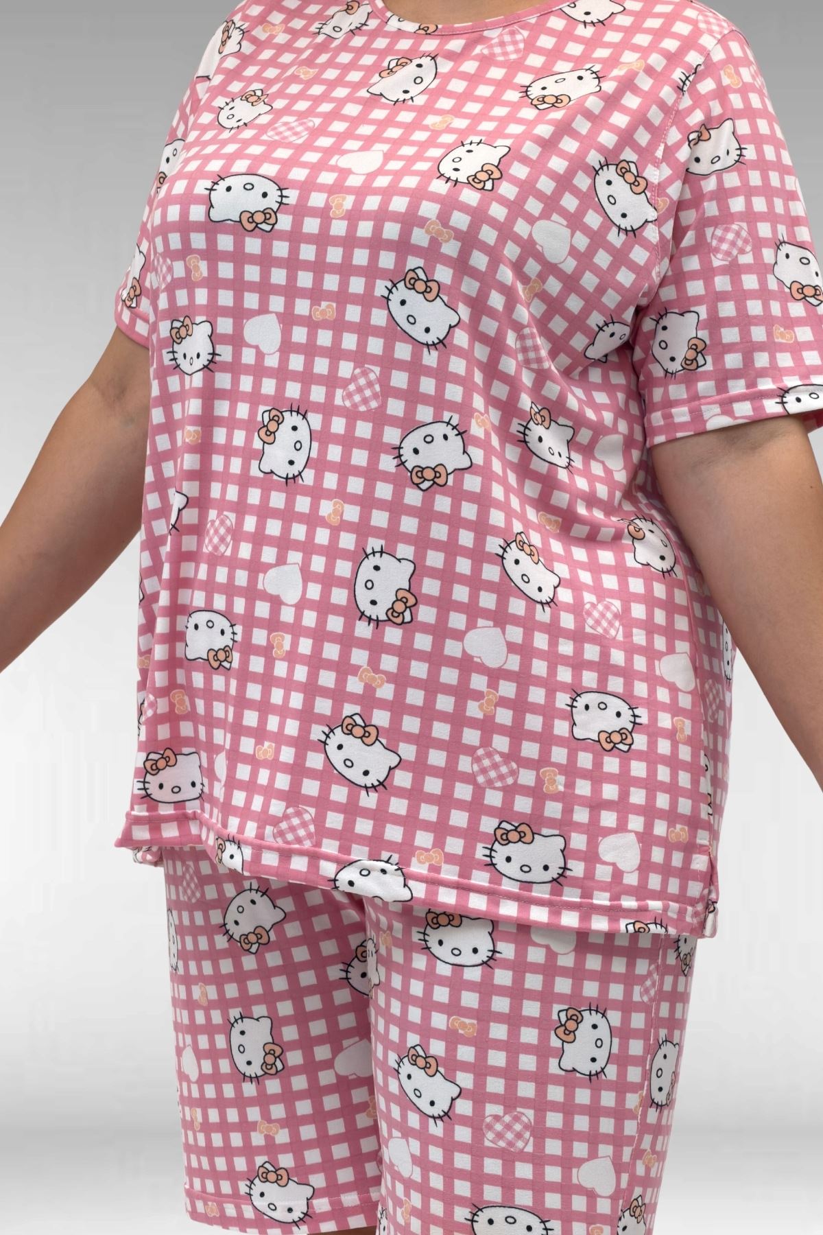 67805 Büyük Beden Desenli Şort-Tişört Pijama Takımı - Kedi Desenli