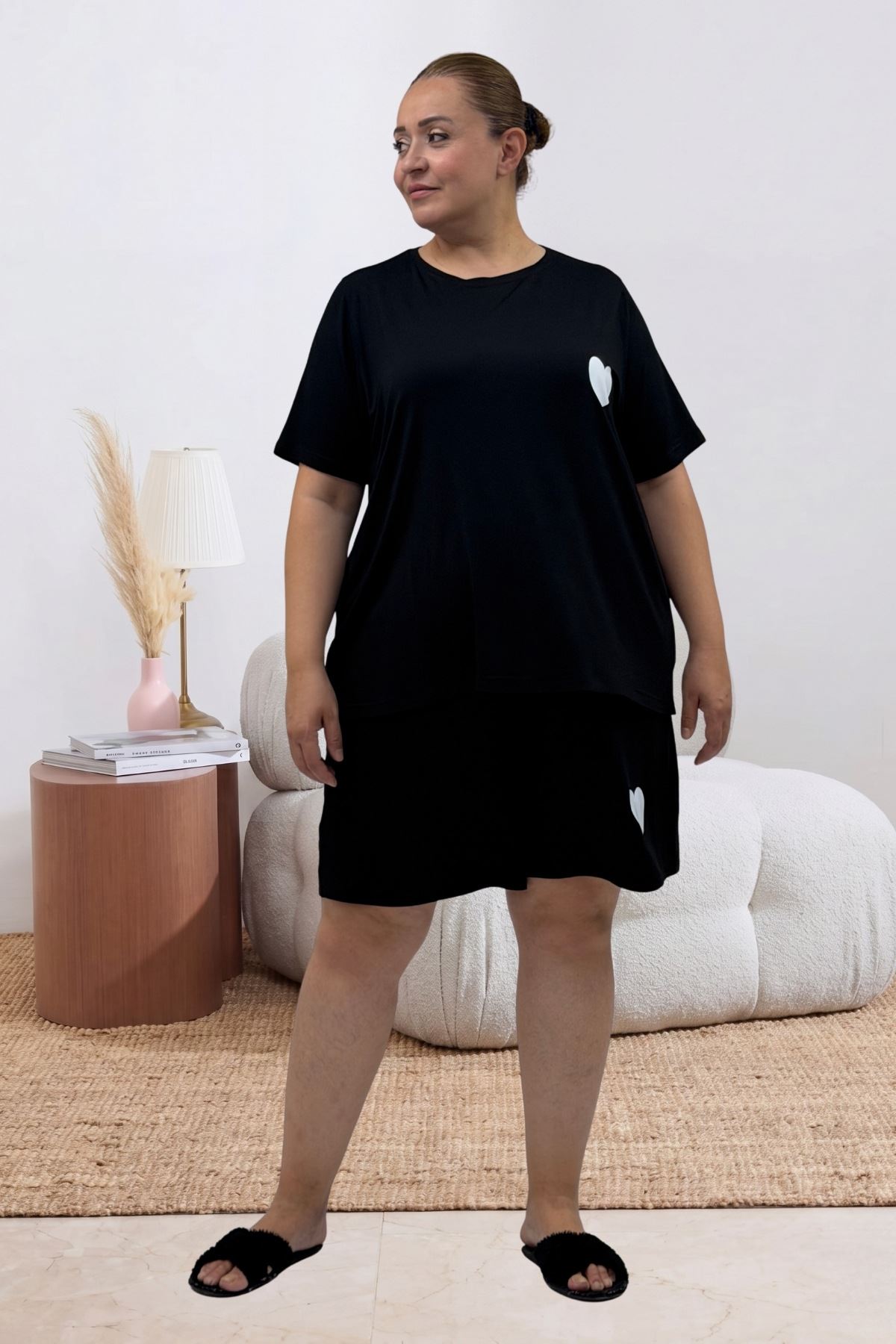 67807 Büyük Beden Baskılı Şort-Tişört Pijama Takımı - Siyah