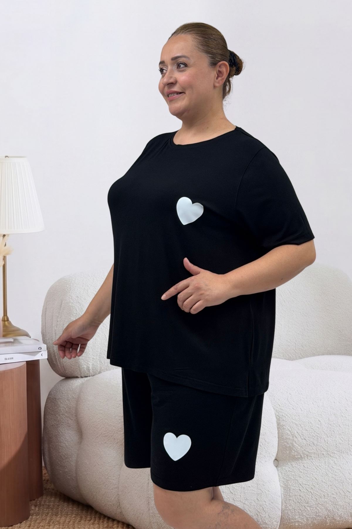 67807 Büyük Beden Baskılı Şort-Tişört Pijama Takımı - Siyah