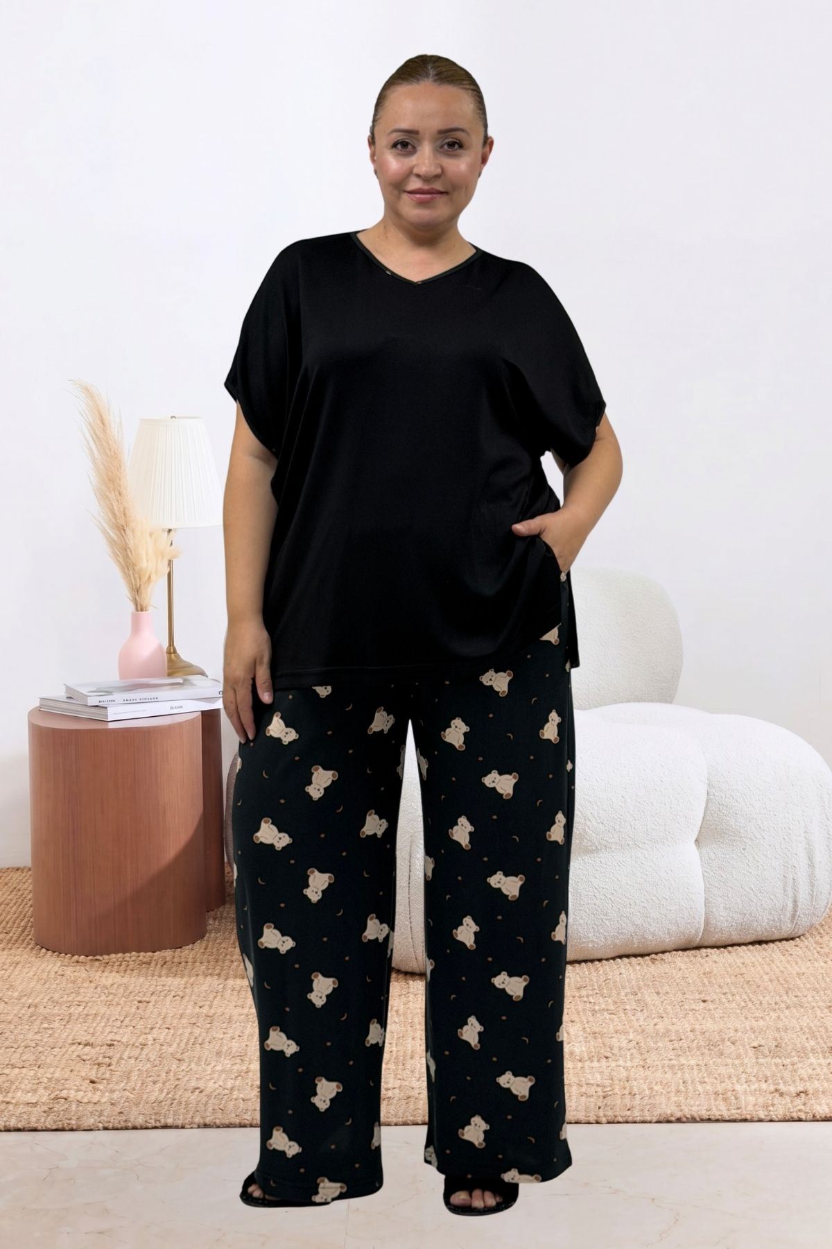 67808 Büyük Beden Kombinli Modal -Milan Pijama Takımı - Ayıcık Desenli