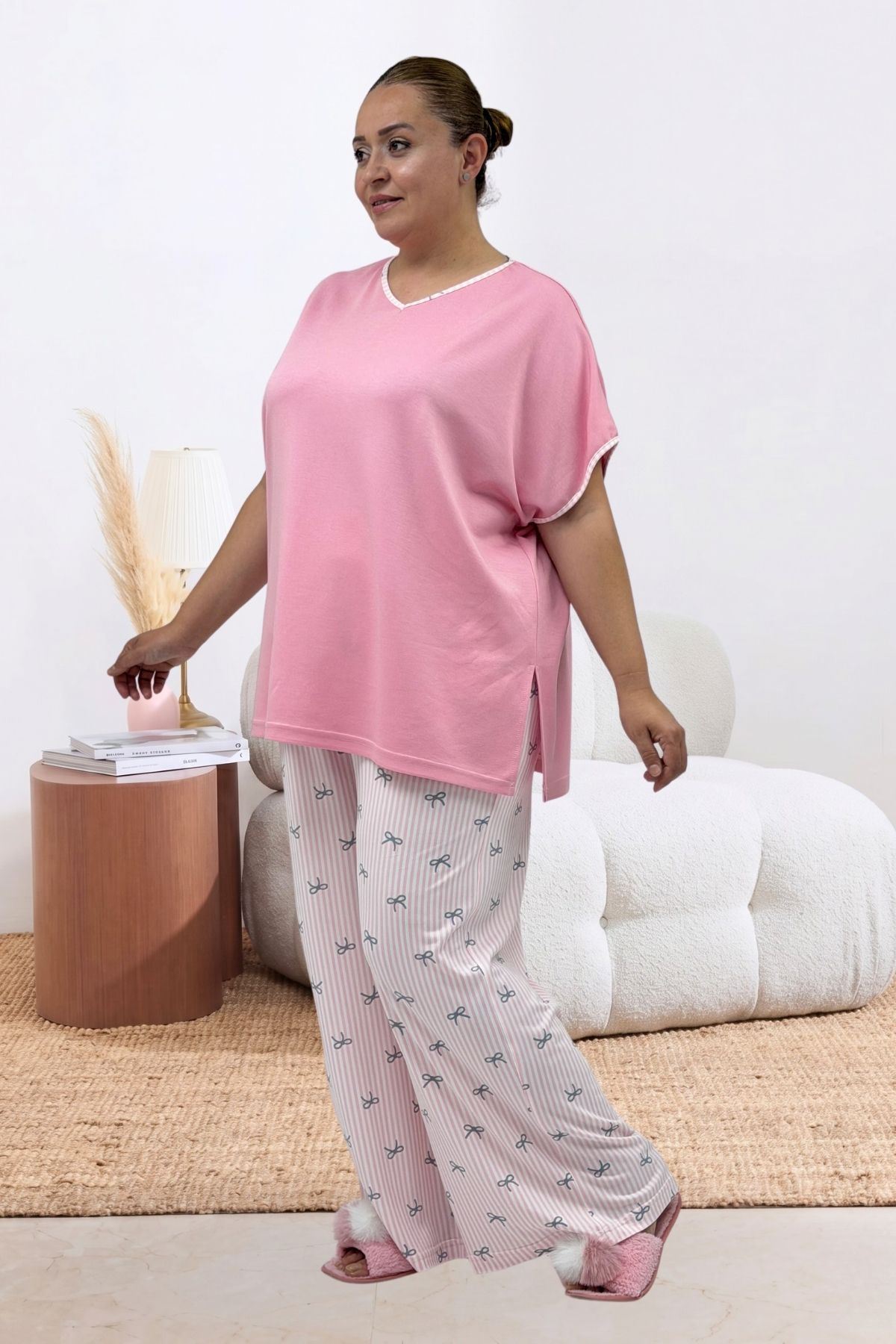 67808 Büyük Beden Kombinli Modal -Milan Pijama Takımı - Antrasit Kurdele Desenli