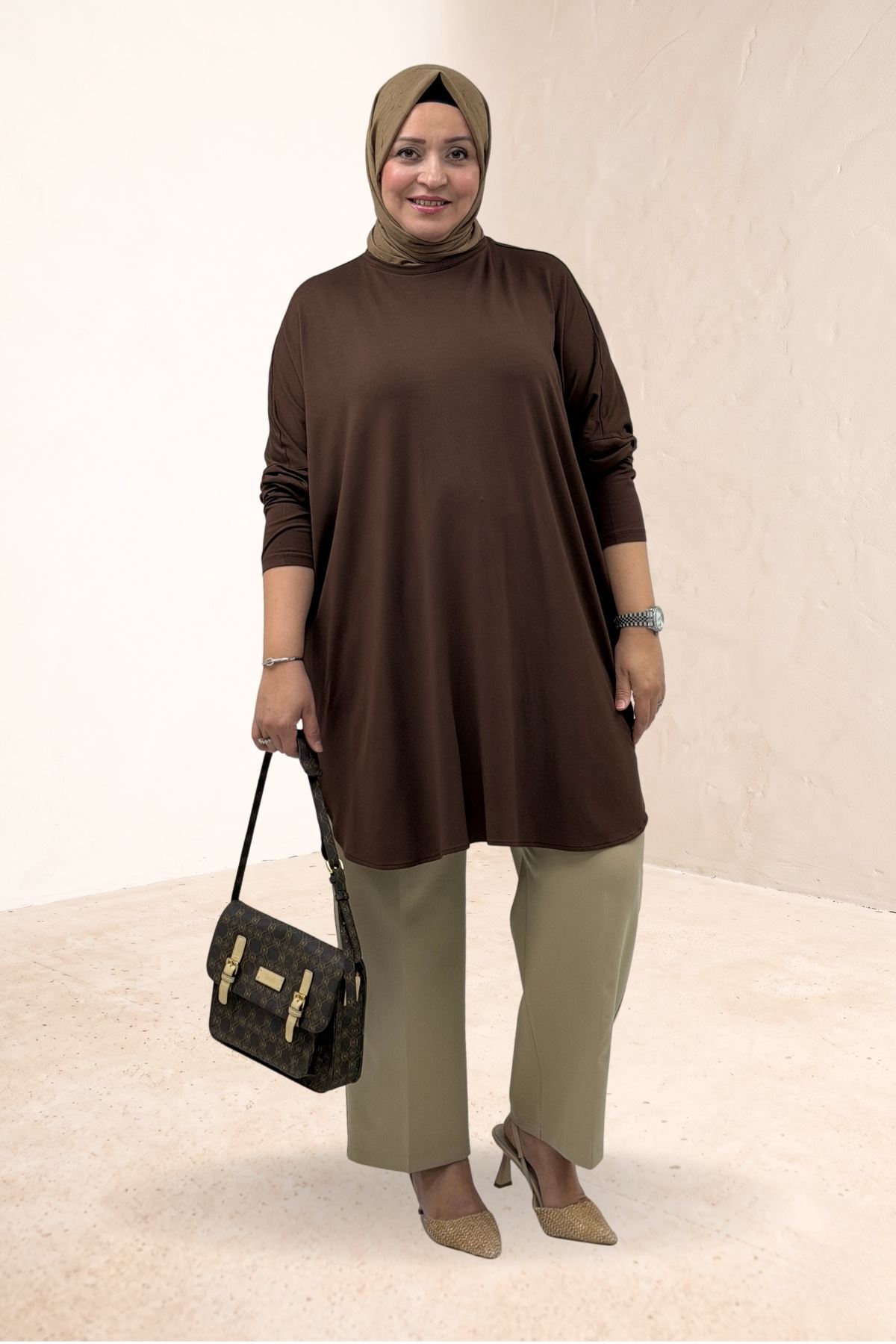 38111 Plus Size Basic Combed Cotton Tunic - Brown