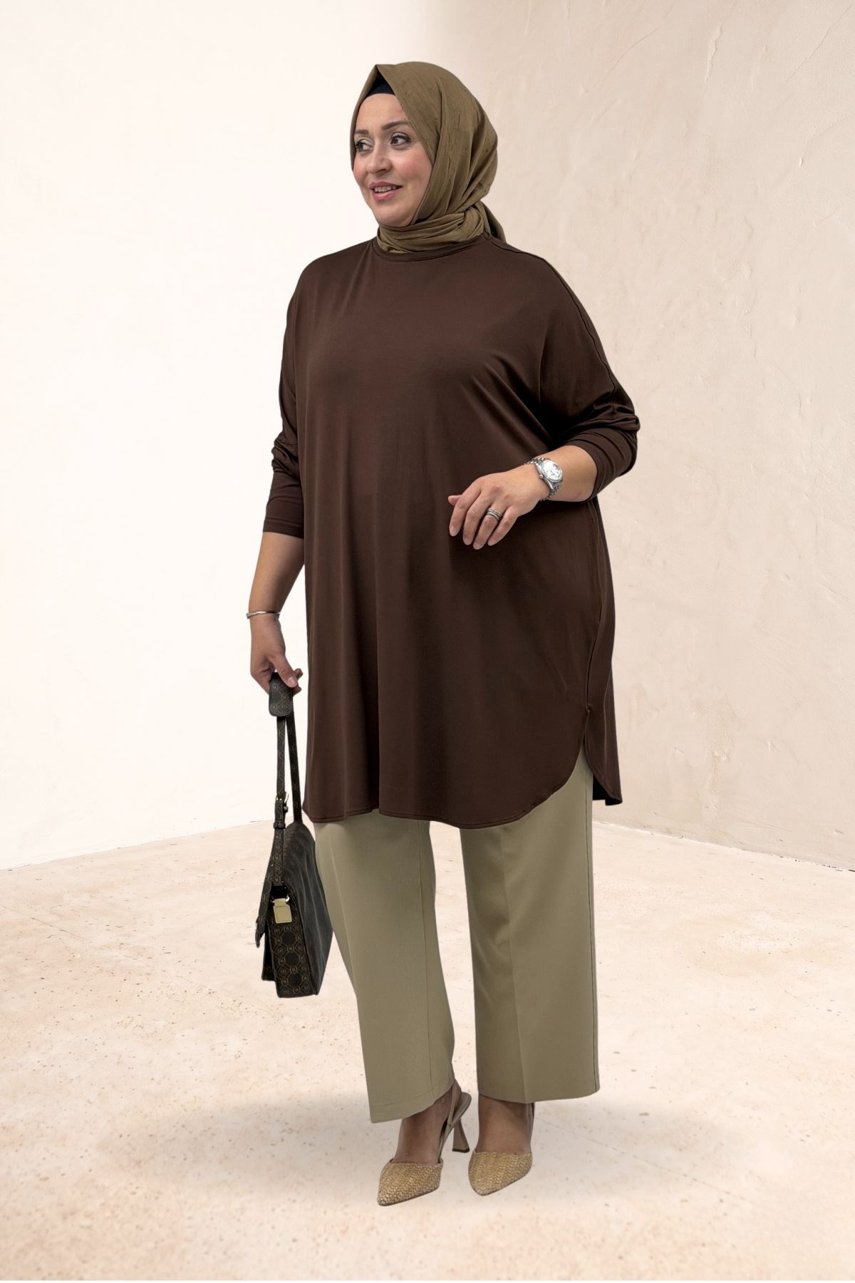 38111 Plus Size Basic Combed Cotton Tunic - Brown