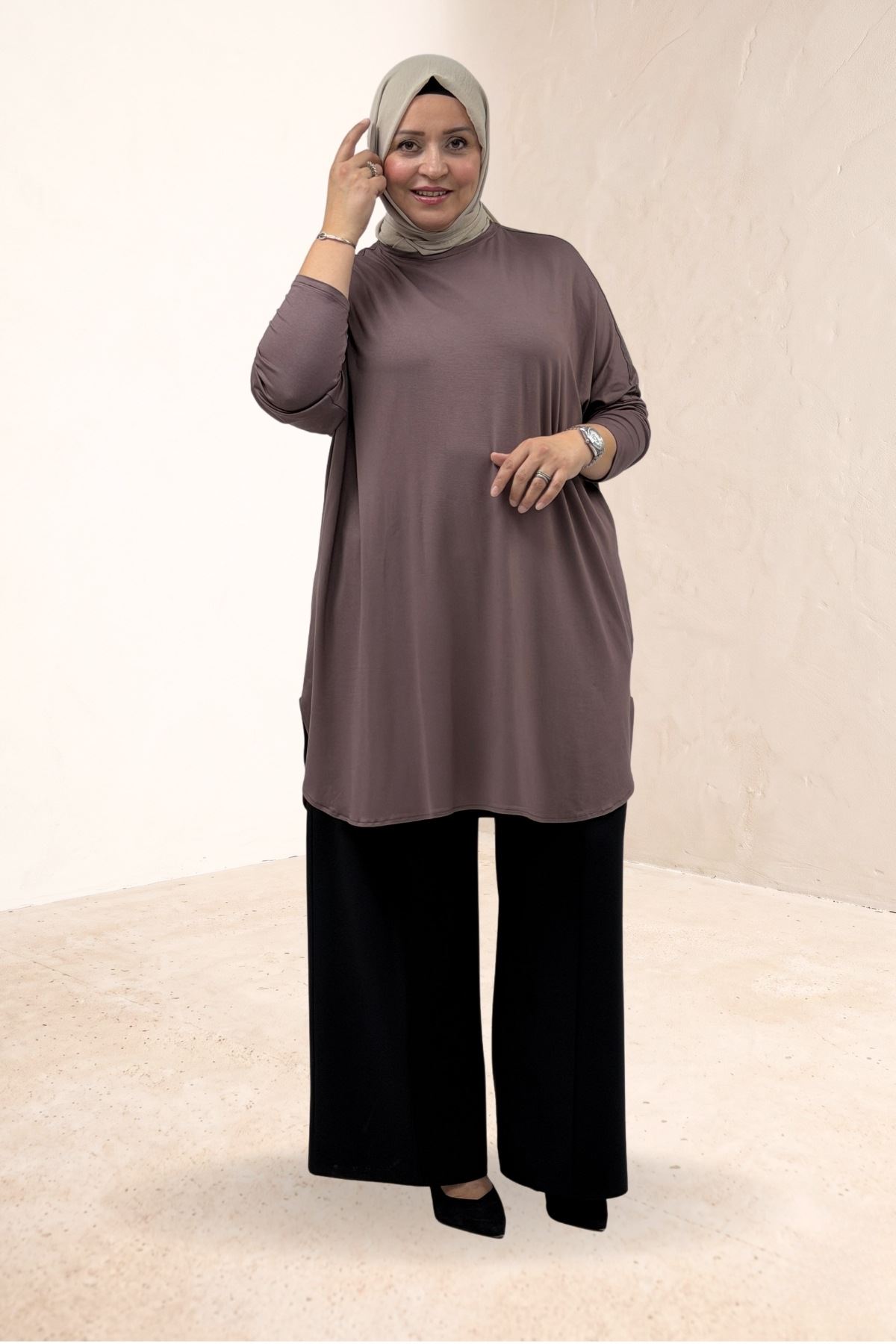 38111 Büyük Beden Basic Penye Tunik - Vizon