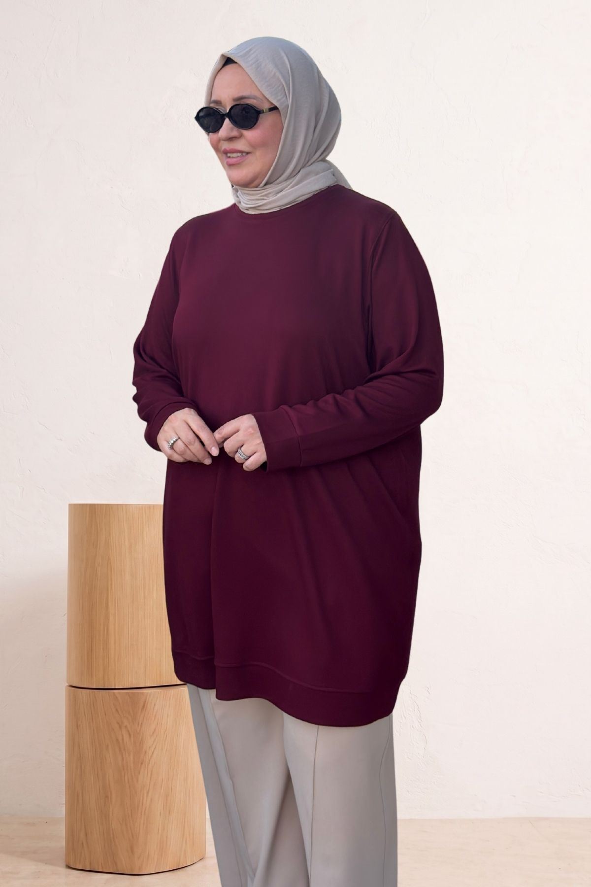 68052 Büyük Beden Kendi Kumaşından Ribanalı Modal Tunik - Bordo