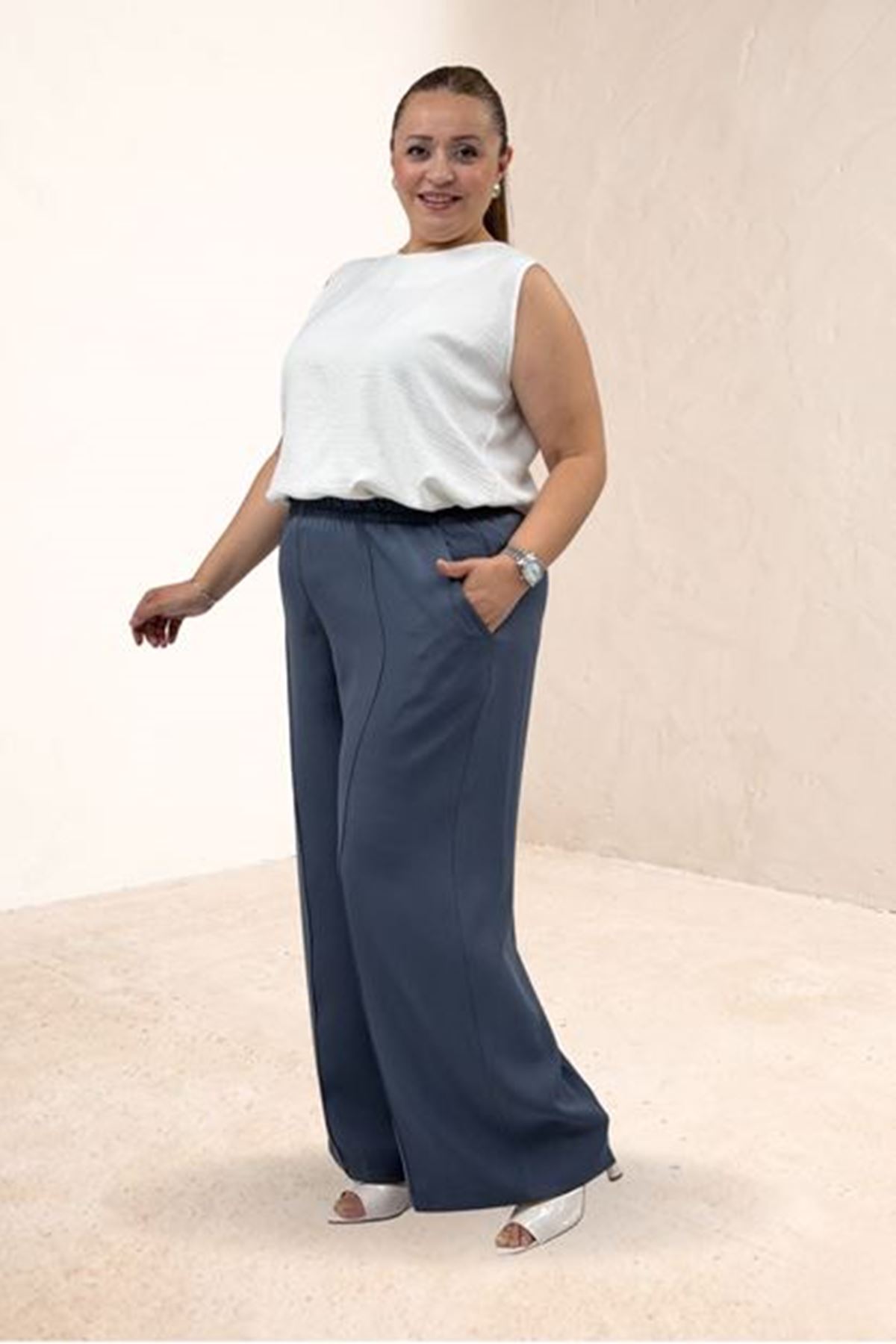 D-29019-1 Büyük Beden Beli Lastikli Bolpaça Pantolon - Antrasit 