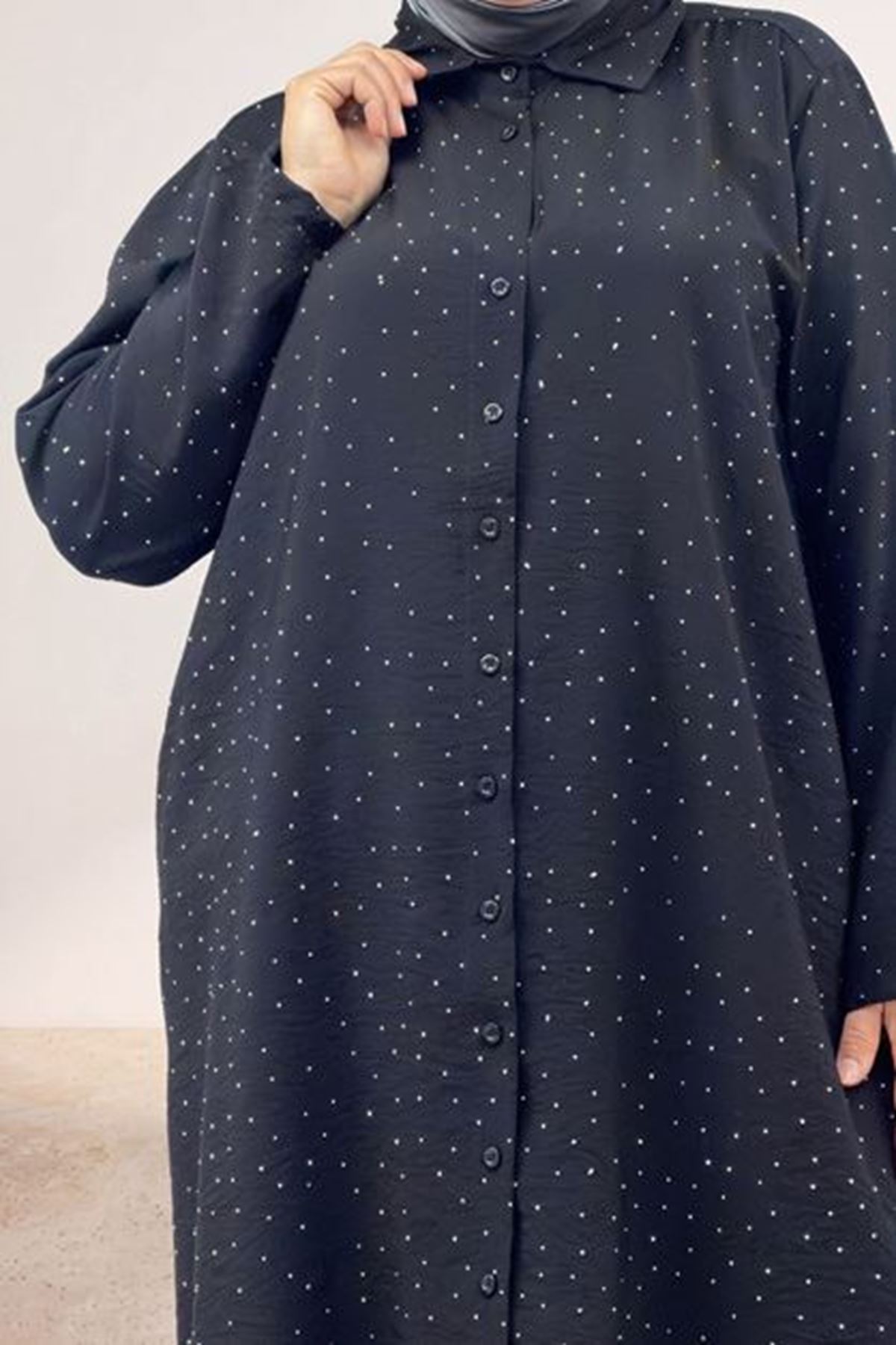 D-67058 Büyük Beden Gömleği Taş Detaylı Pantolonlu Mango Takım - Siyah