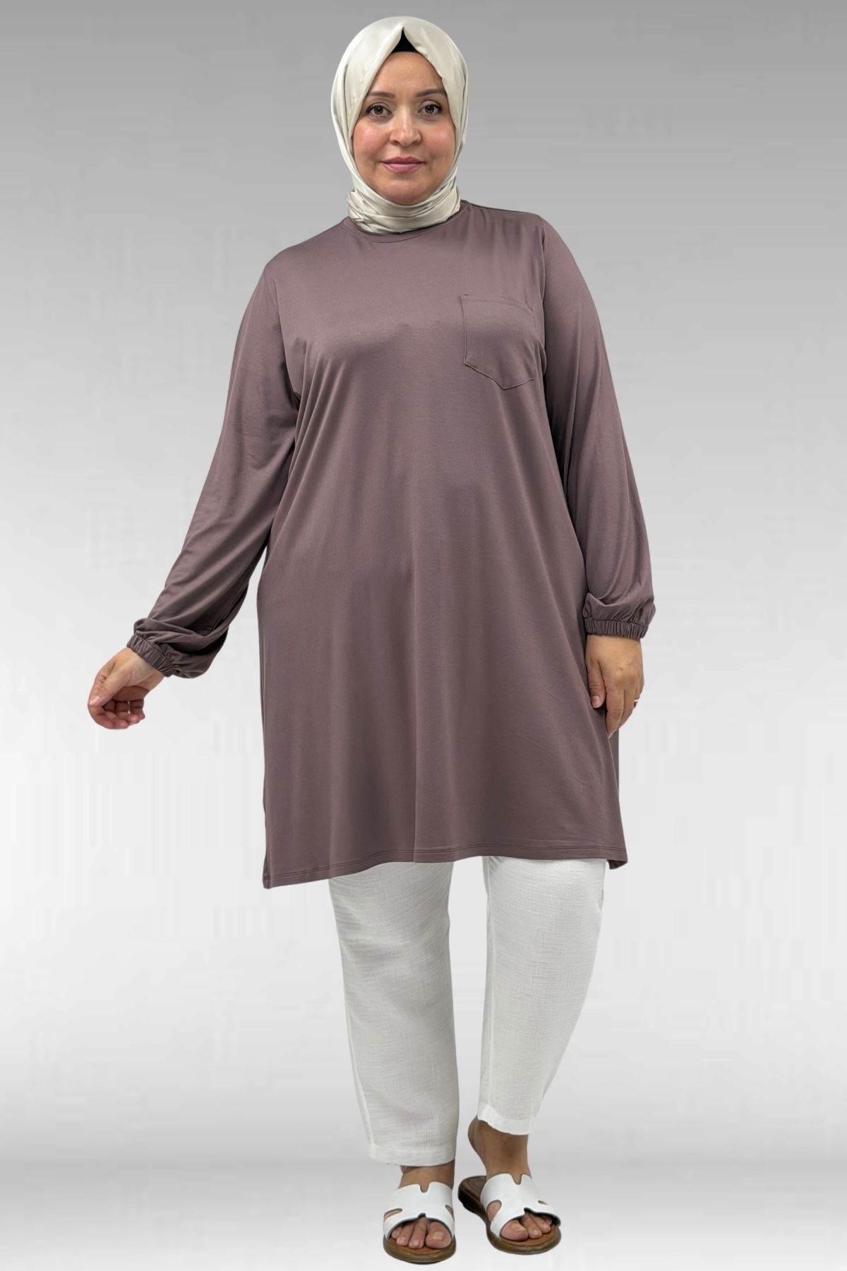 38014 Büyük Beden  Basic Penye Tunik - Vizon