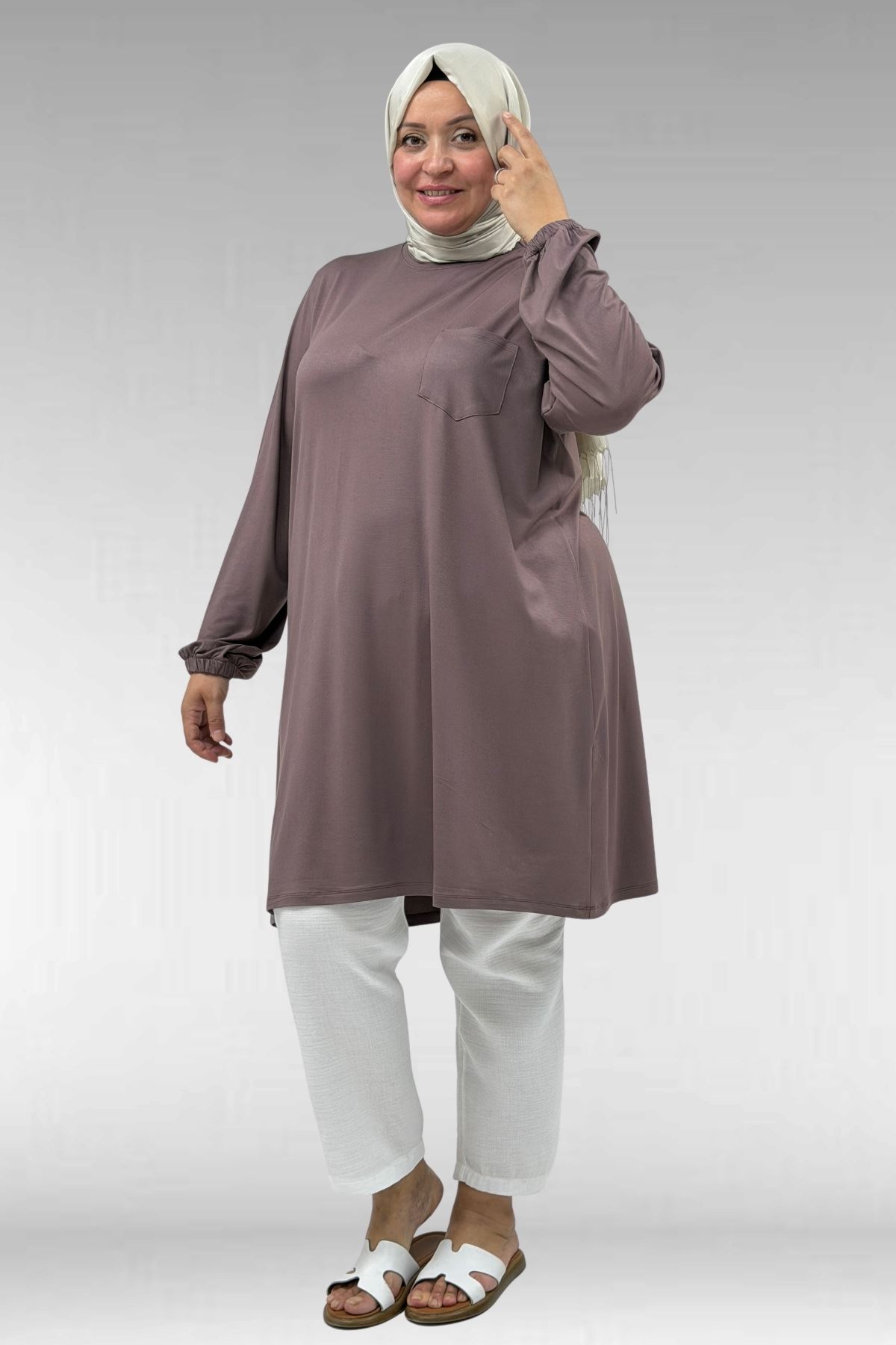 38014 Büyük Beden  Basic Penye Tunik - Vizon