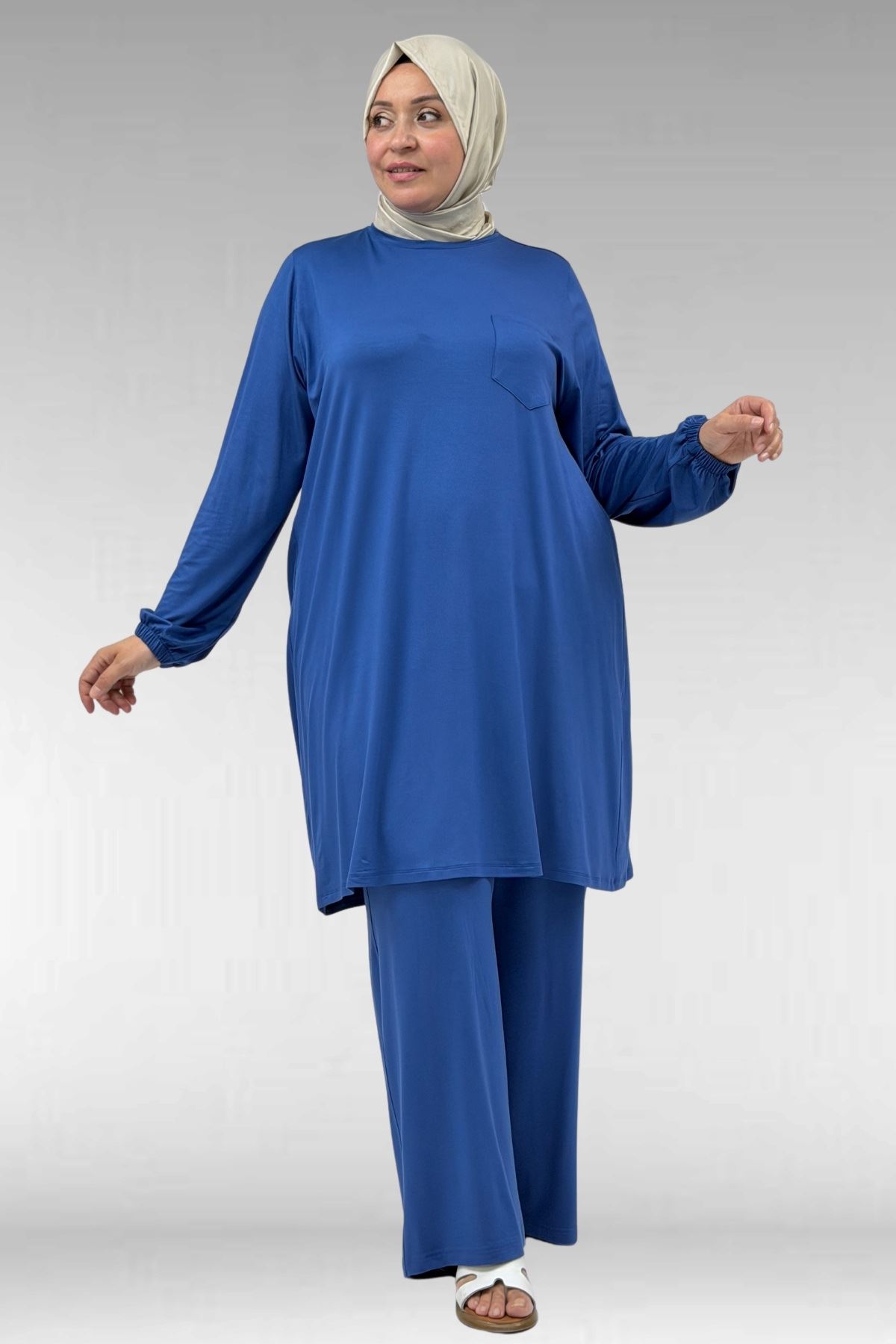 38014 Büyük Beden  Basic Penye Tunik - İndigo
