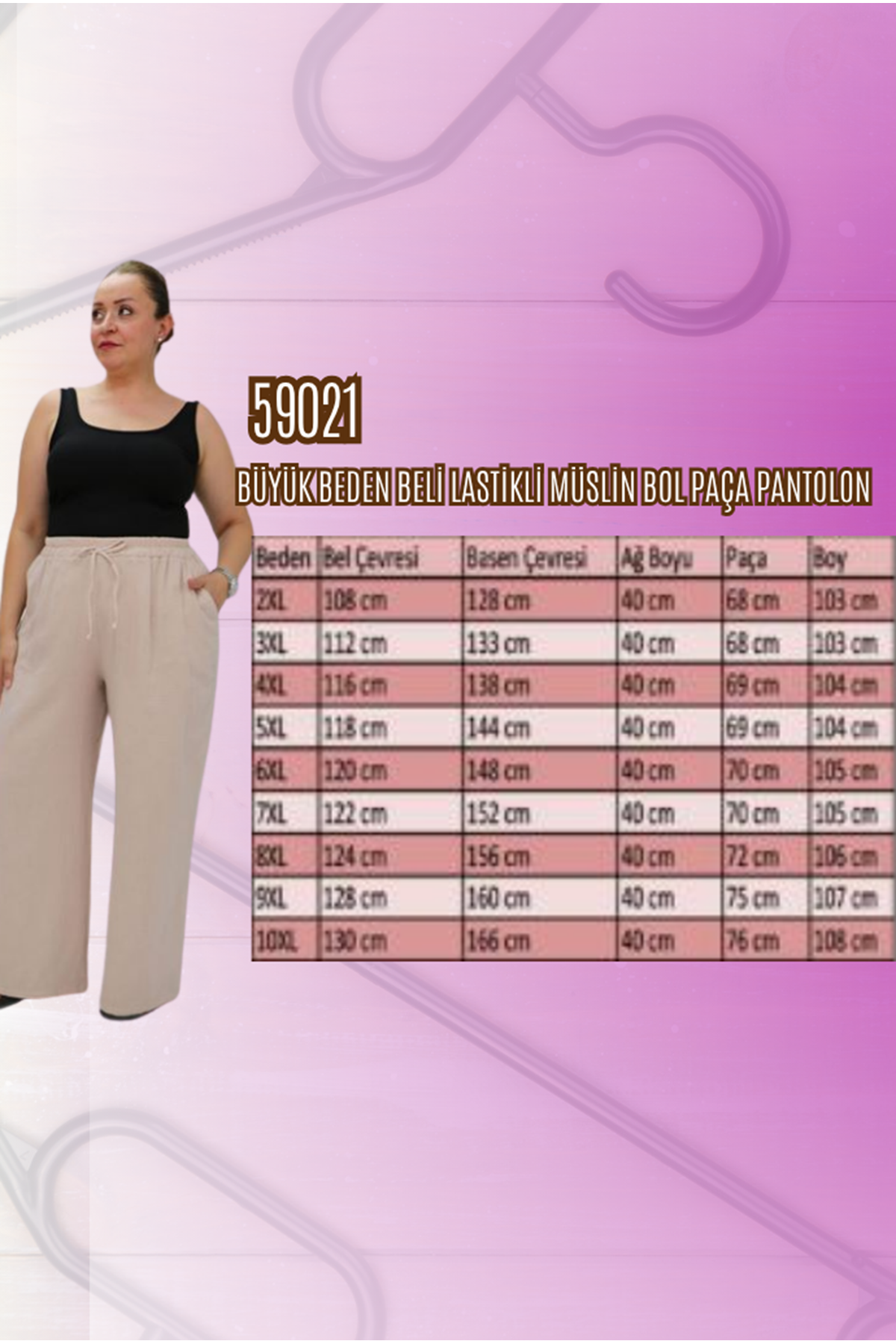 59021 Büyük Beden Beli Lastikli Müslin Bol Paça Pantolon - Mor