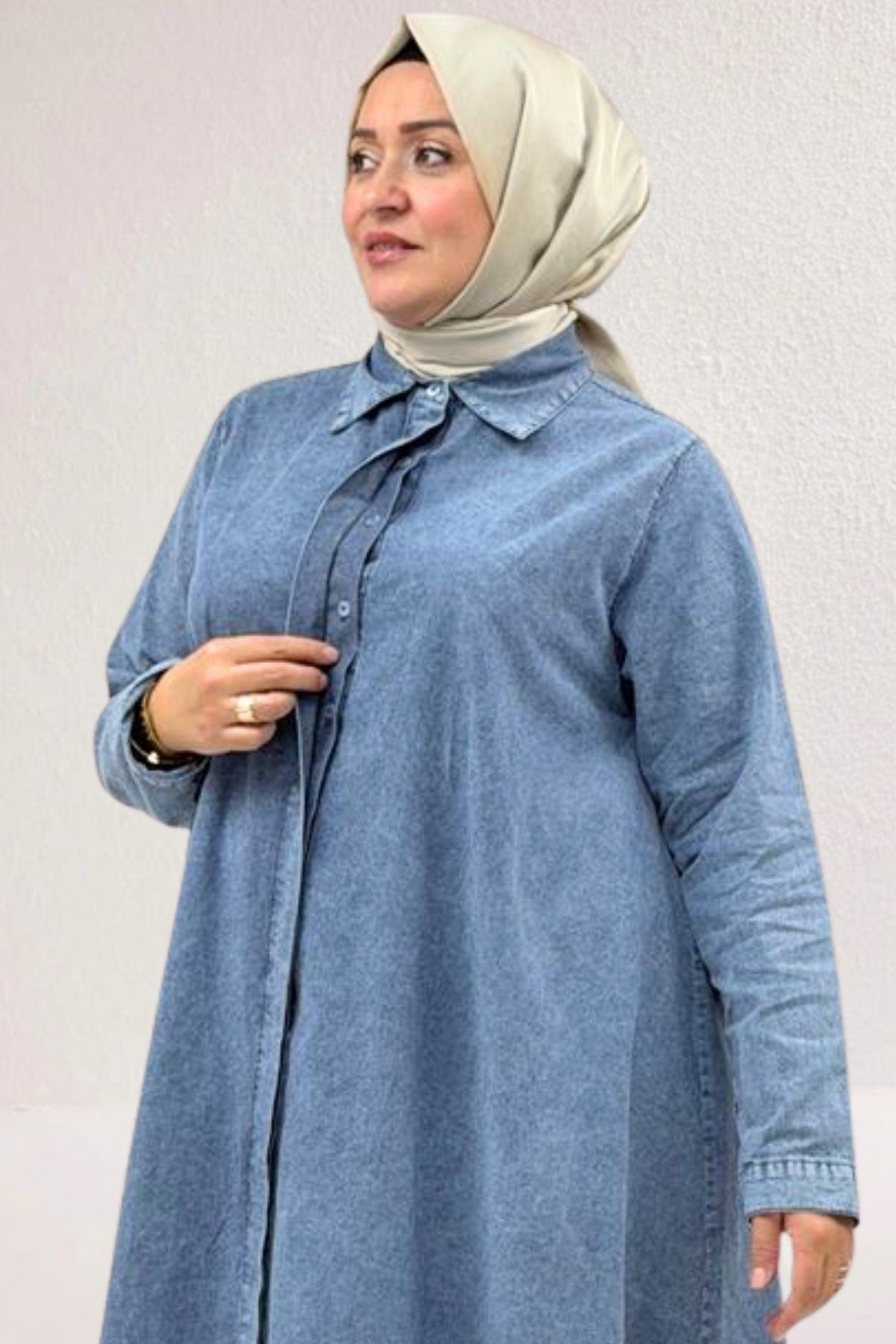 68023 Büyük Beden Mevlana Kesim Liyosell Kot Gömlek -  Kar Yıkama Buz Mavi