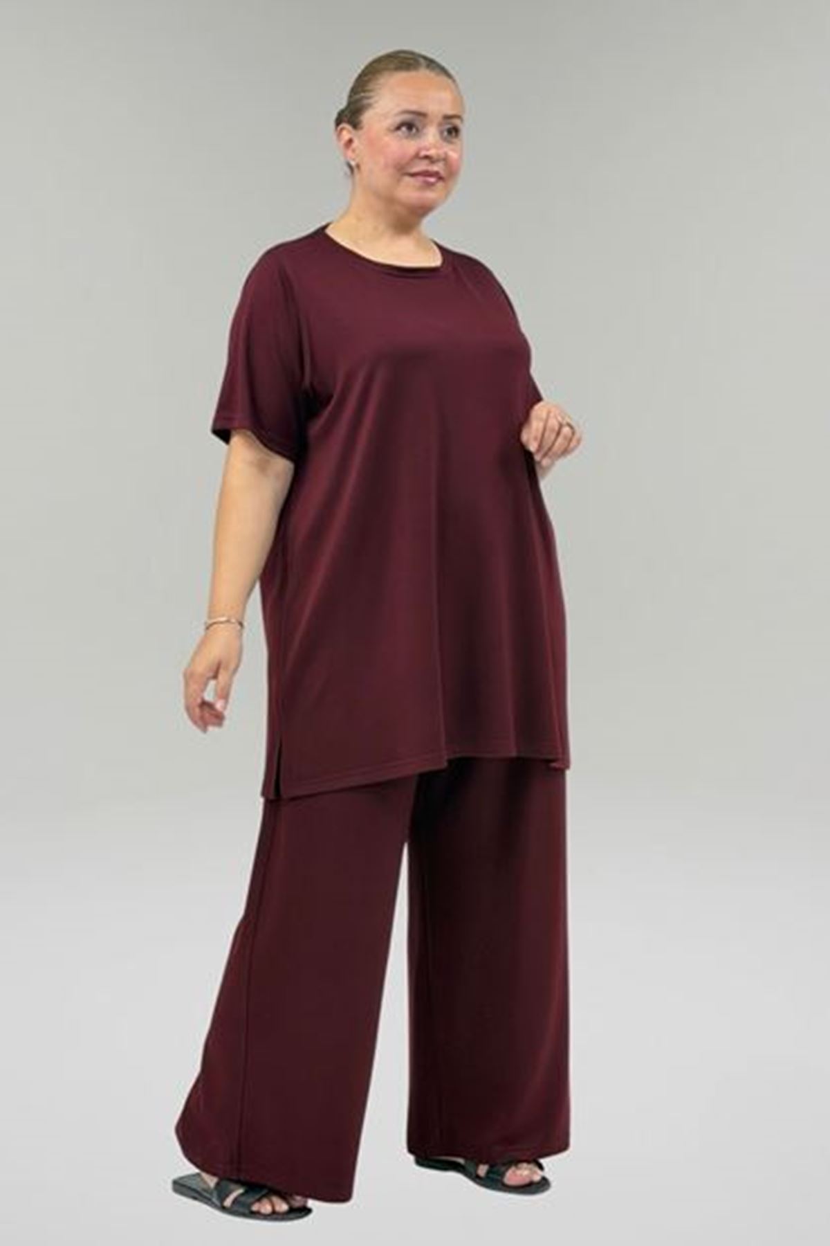 D-67067 Büyük Beden Tişört Pantolonlu Modal Takım - Bordo