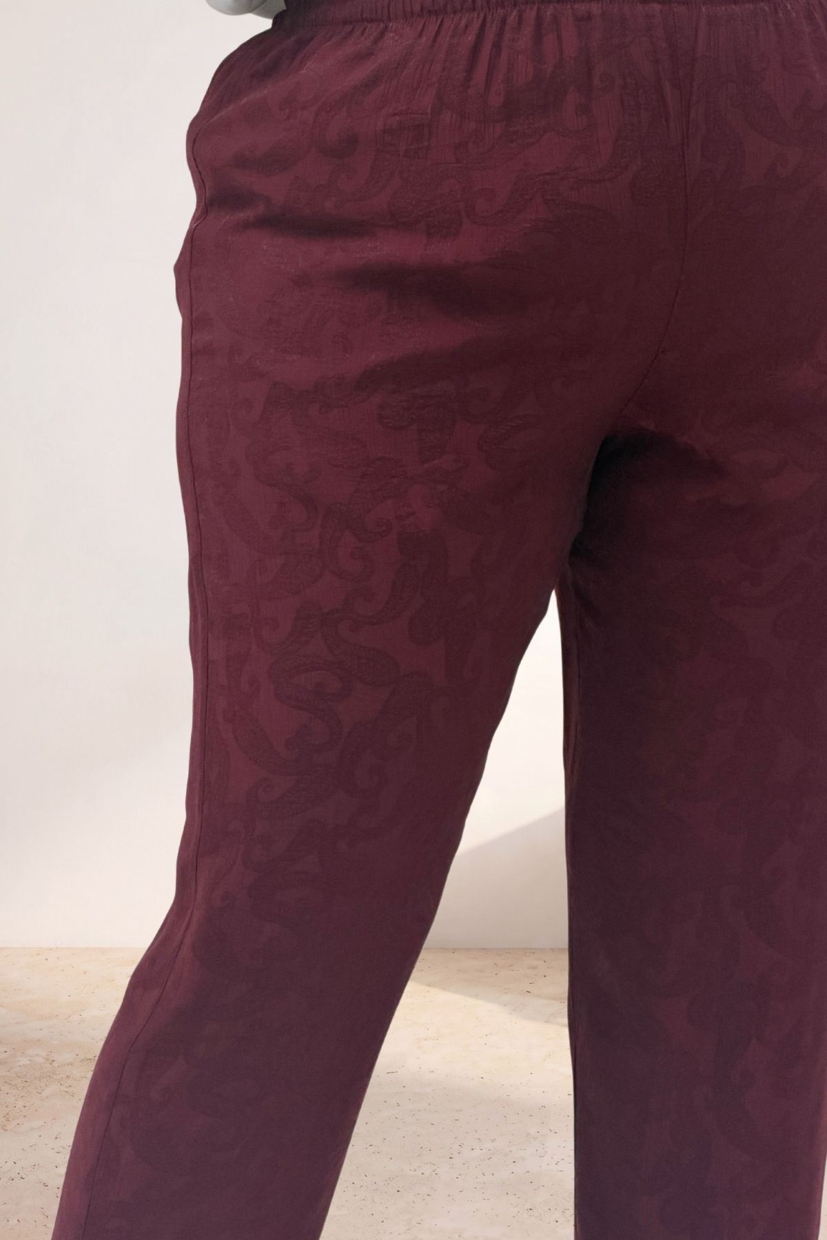 69016 Büyük Beden Beli Lastikli Cepli Jakar Pantolon - Bordo