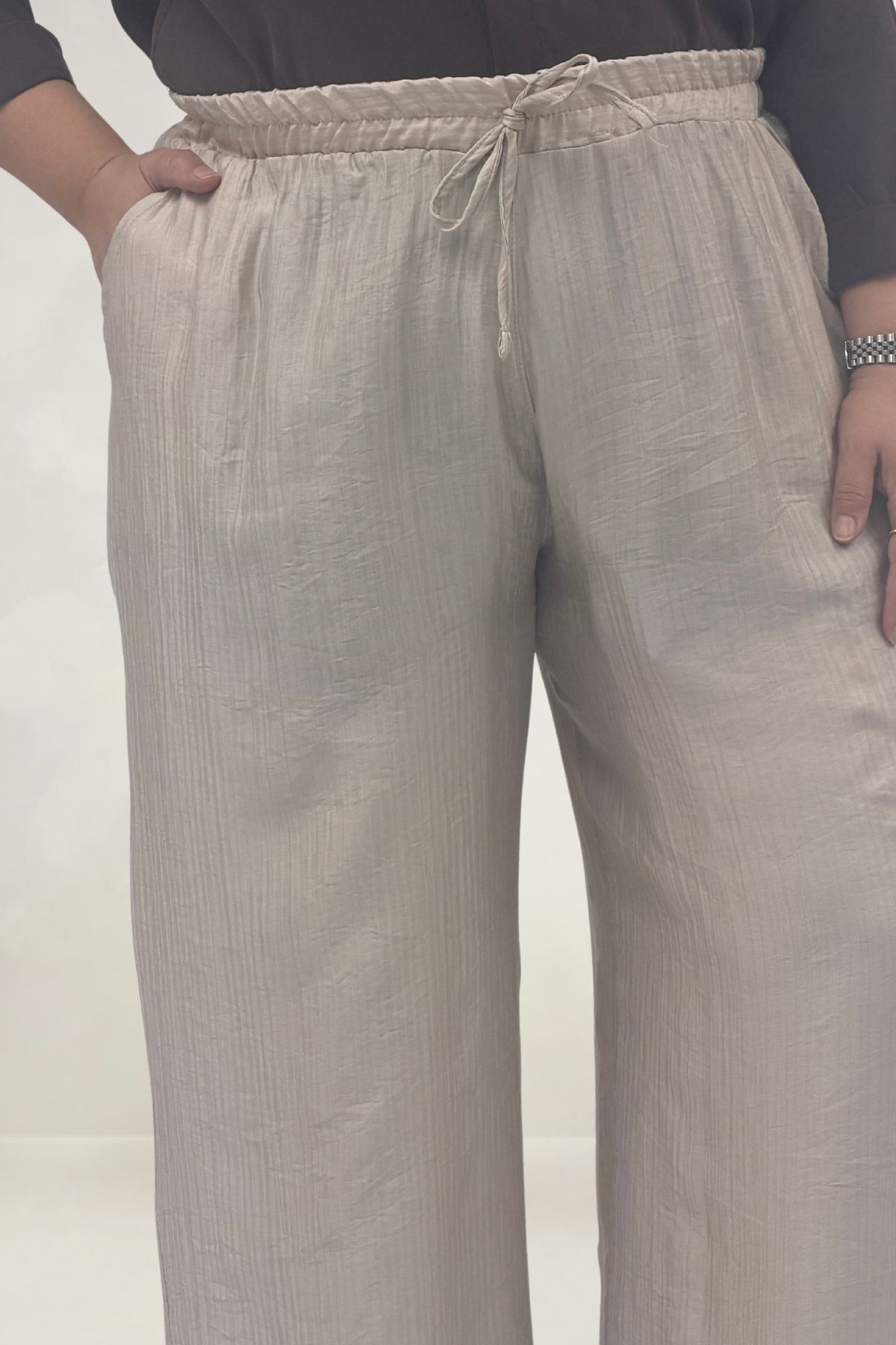 69012 Büyük Beden Beli Lastikli Cepli Bol Paça Double Tensel Pantolon - Bej