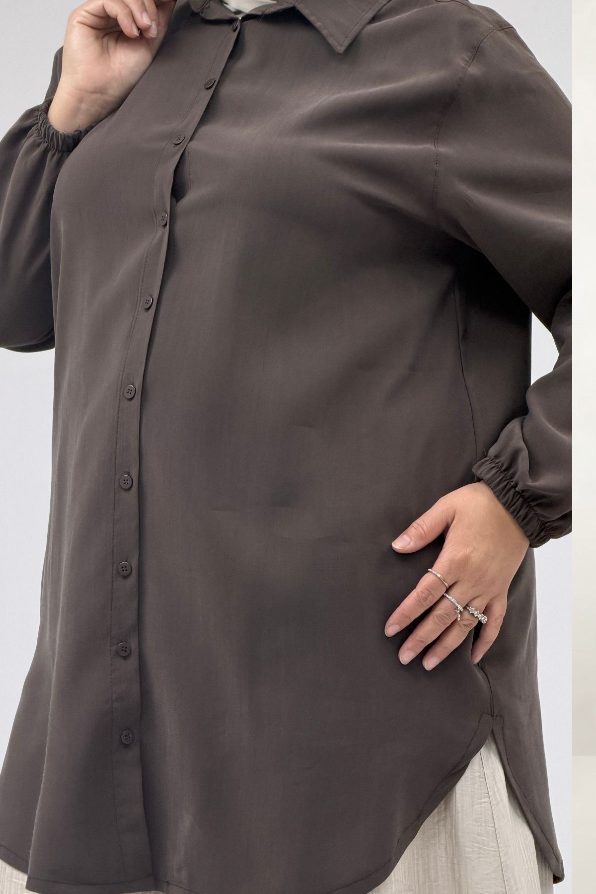68067 Büyük Beden Kolları Lastikli Cupra Gömlek - Kahve