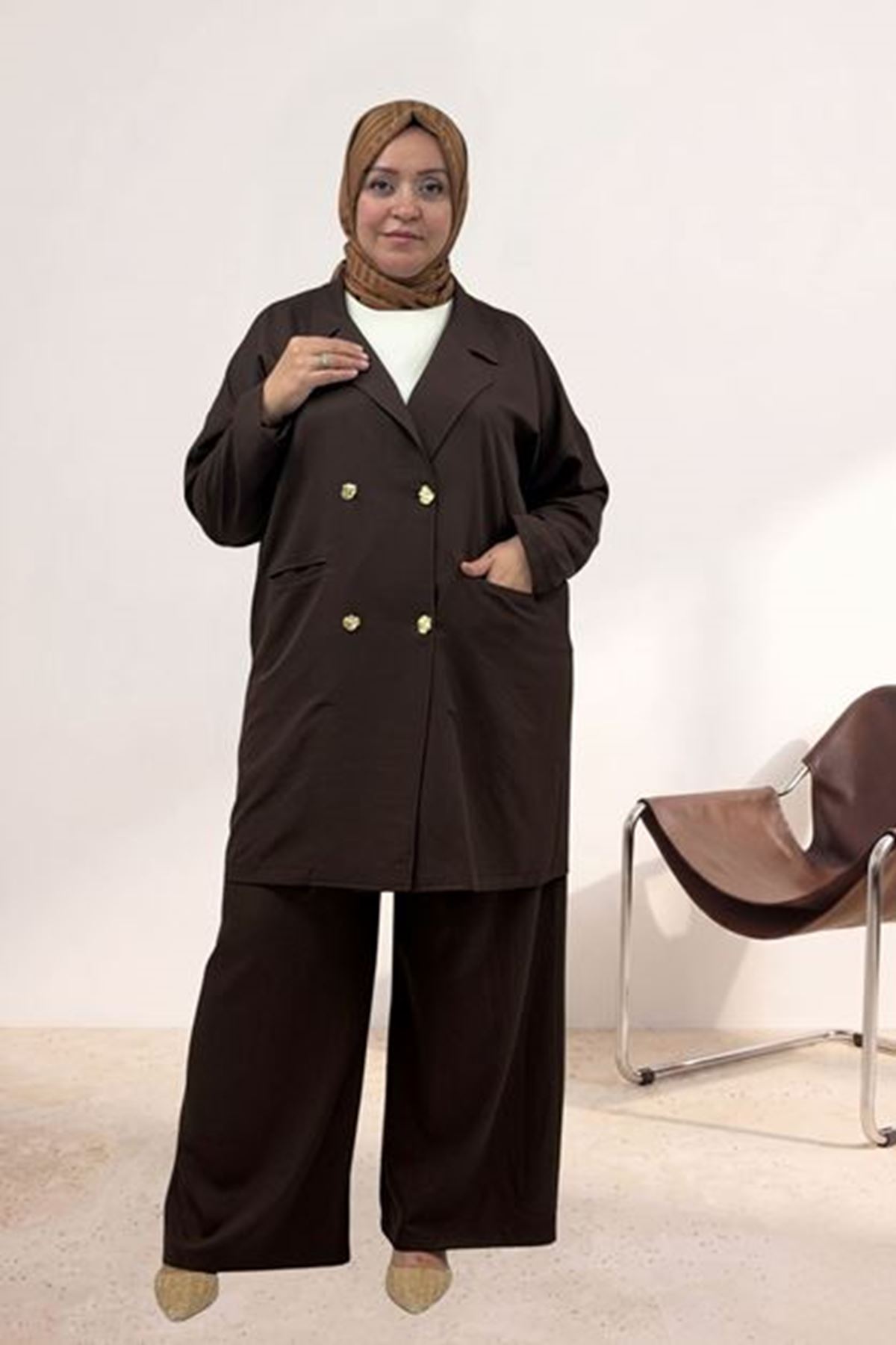 D-67056 Büyük Beden Blazer Ceket - Pantolon Nova Takım - Kahve