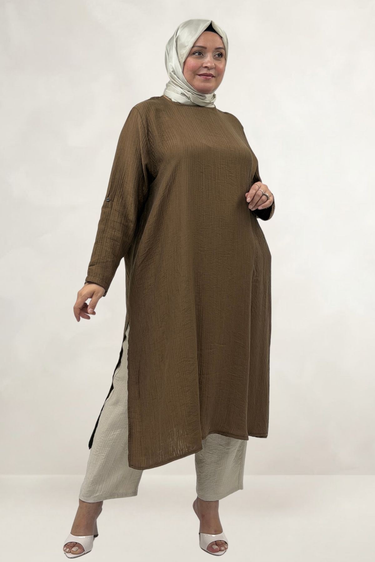 68077 Büyük Beden.Yanları Yırtmaçlı Double Tensel Tunik - Taba