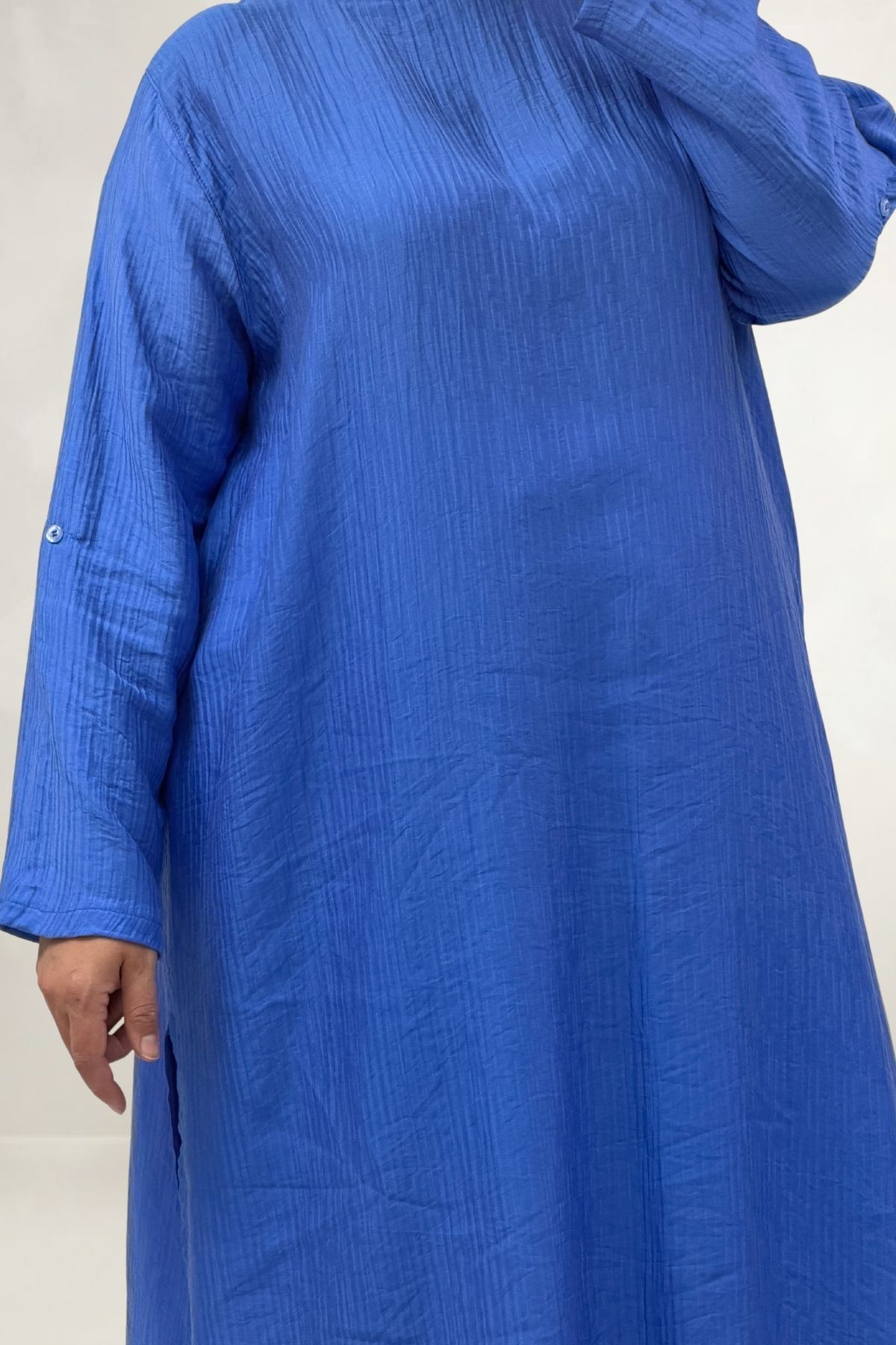 68077 Büyük Beden.Yanları Yırtmaçlı Double Tensel Tunik - İndigo