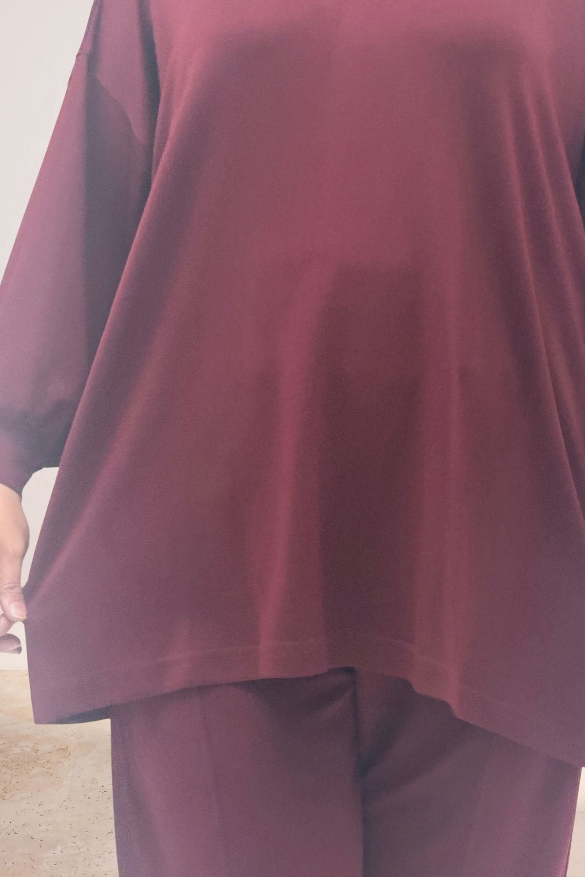 67069 Büyük Beden Düşük Kol  Modal Pantolonlu Takım - Bordo