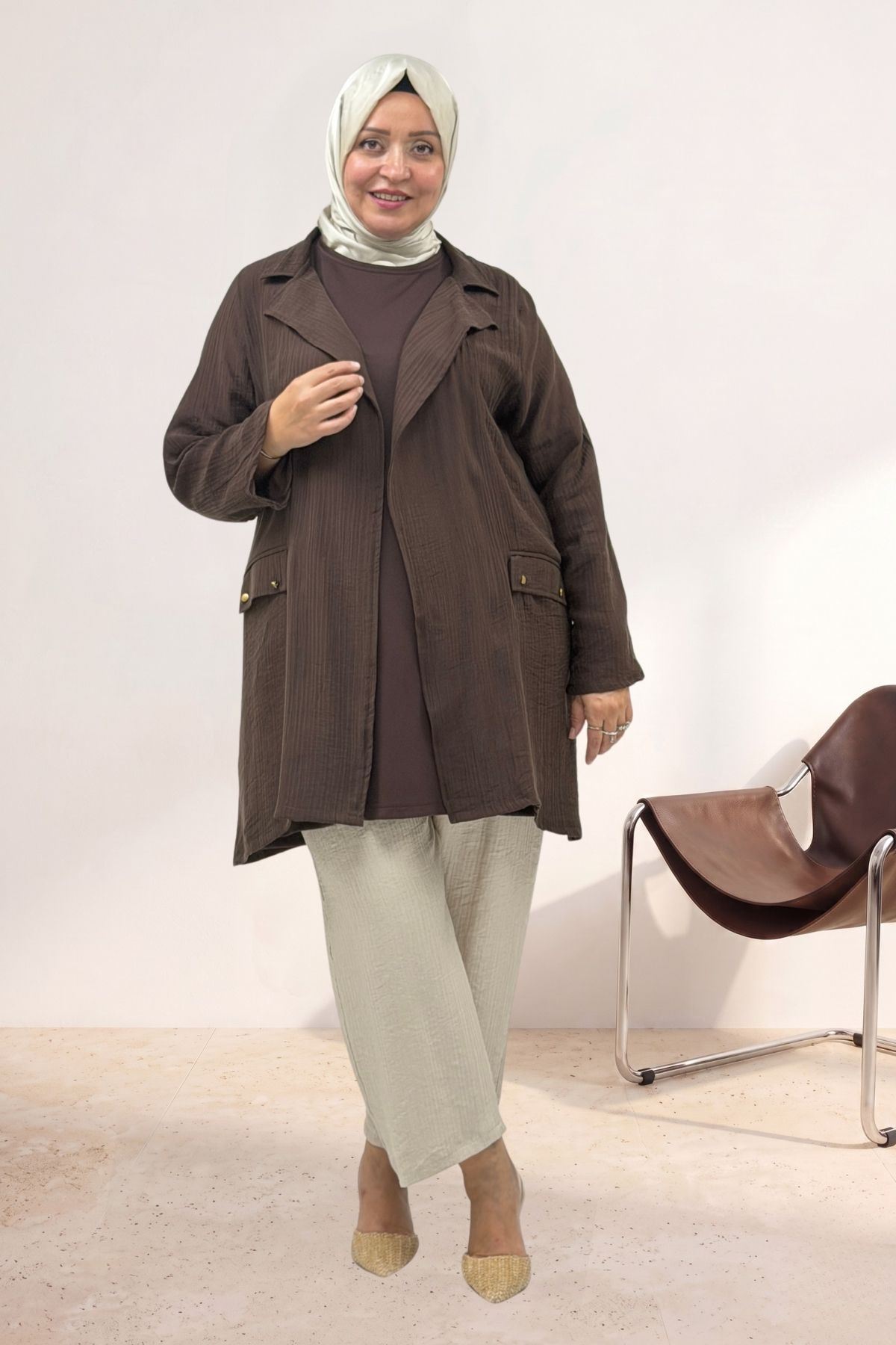 63016 Büyük Beden Mostralı Blazer Double Tensel Ceket - Kahve