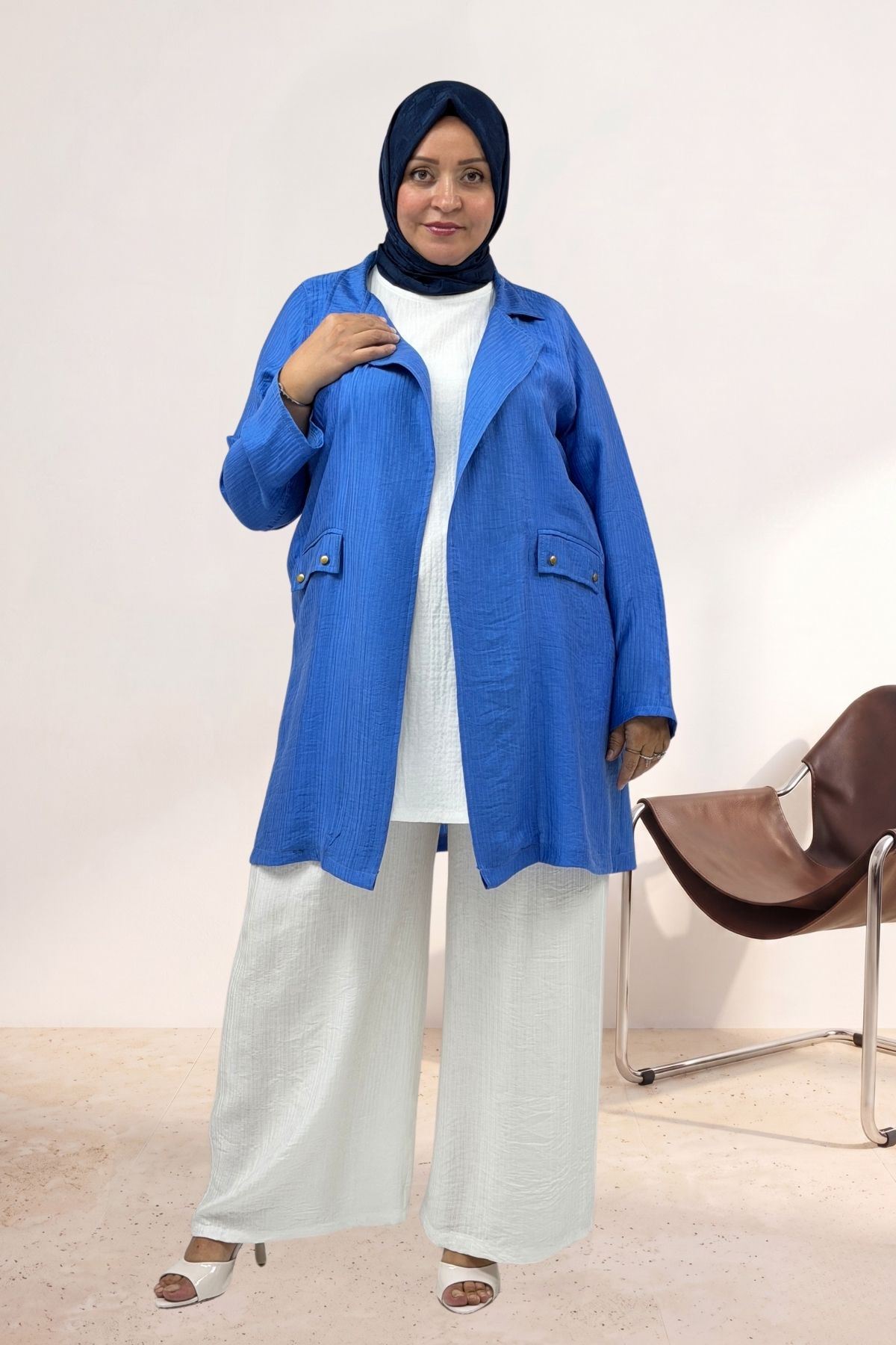 63016 Büyük Beden Mostralı Blazer Double Tensel Ceket - İndigo