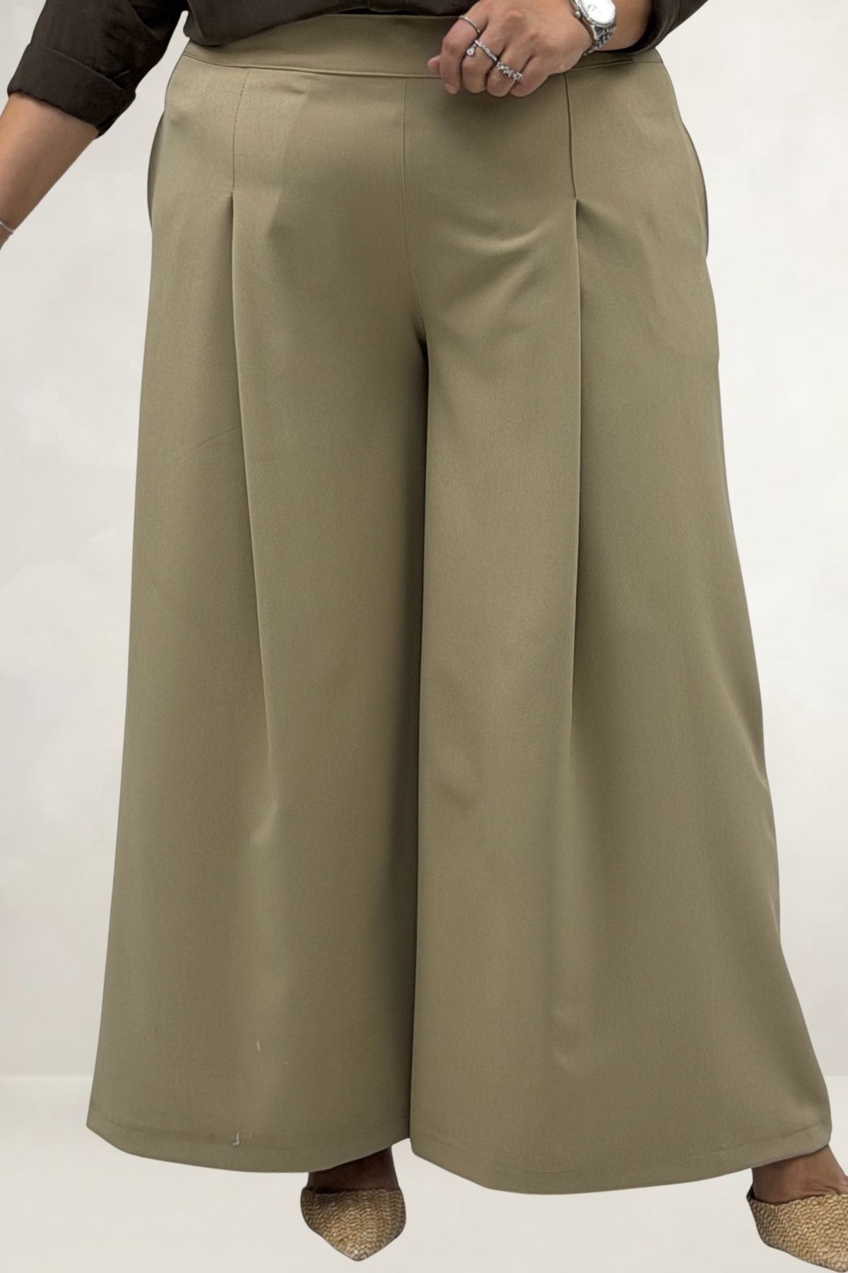 69020 Büyük Beden Beli Lastikli Double Etek Pantolon - Taş