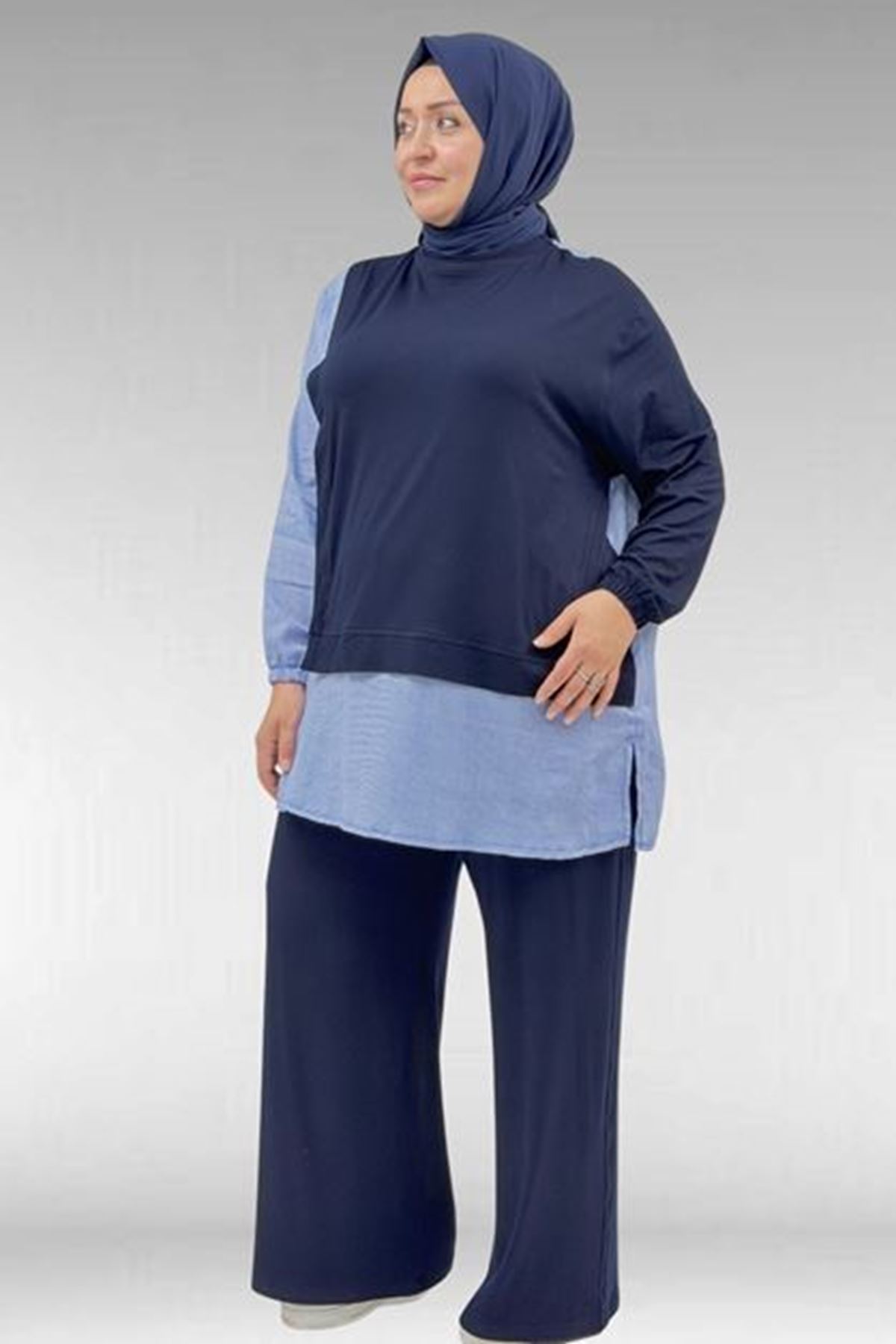 D-67025 Büyük Beden  Omuzu Şal Duruşlu Pantolonlu Takım - Petekli İndigo-Laci