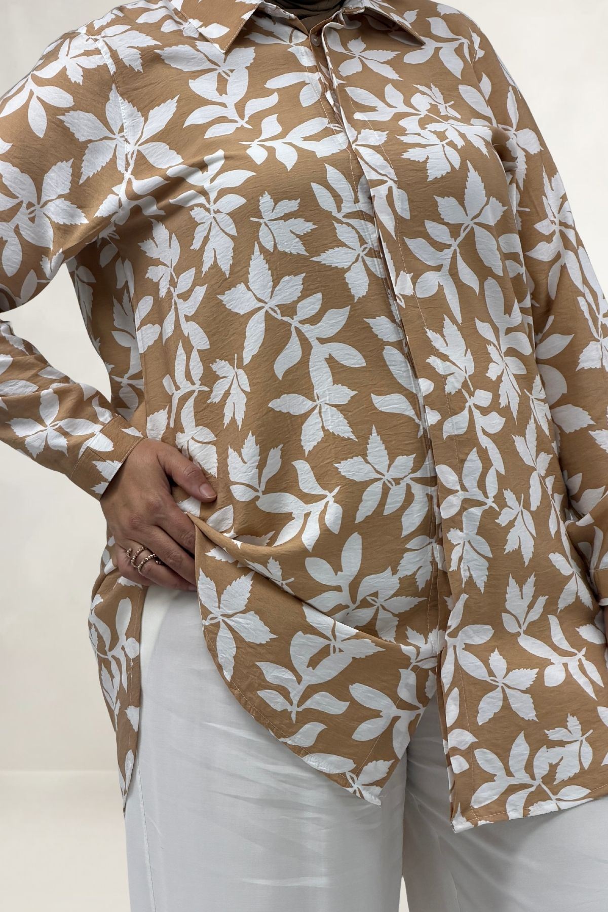 68094 Büyük Beden Manşetli Desenli Mango Tunik - Yaprak Desen Taba