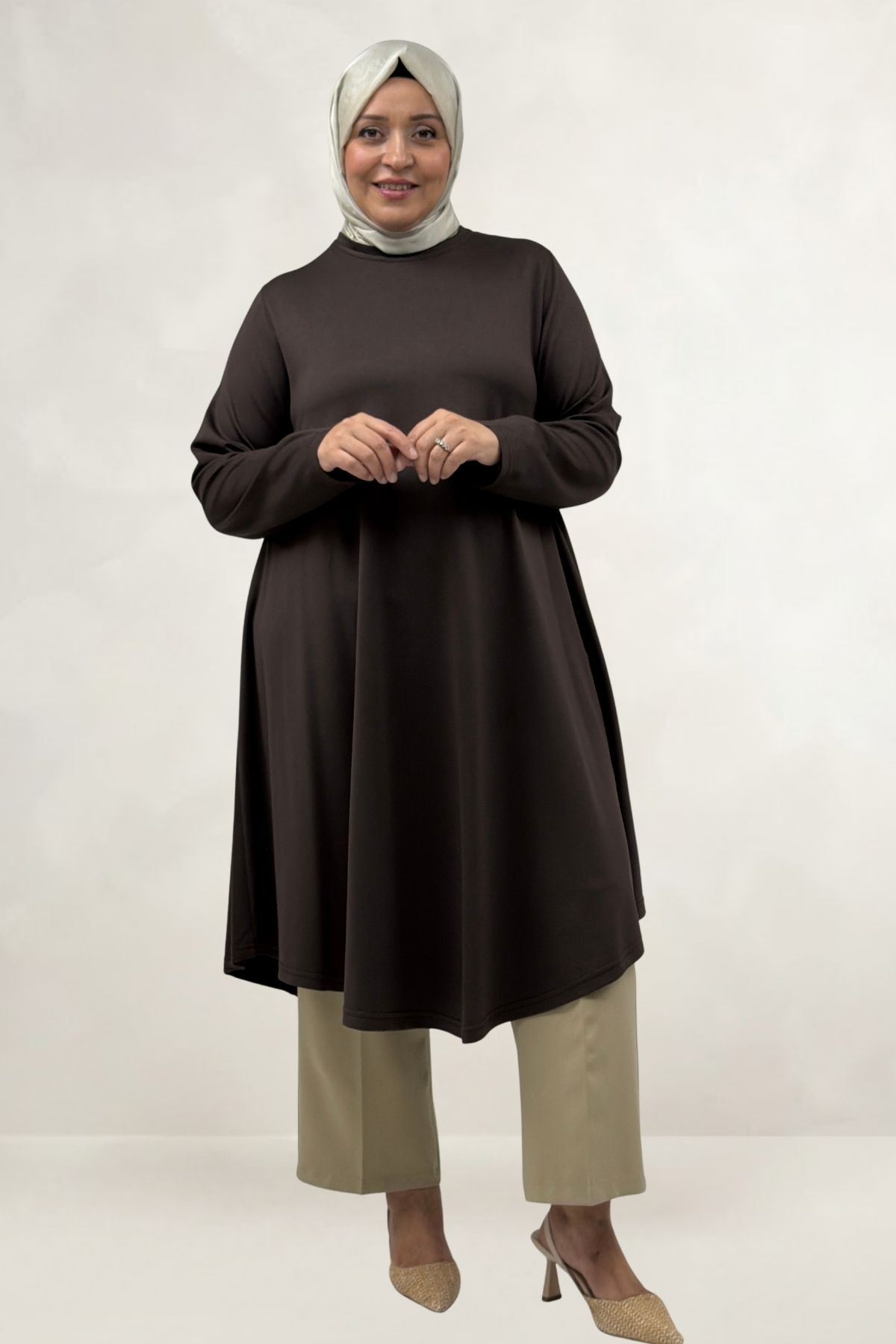 68090  Büyük Beden Modal Mevlana Tunik - Kahve