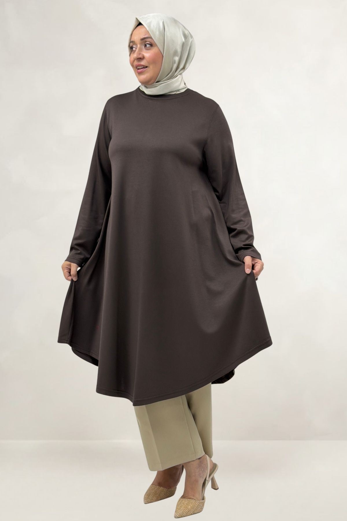 68090  Büyük Beden Modal Mevlana Tunik - Kahve