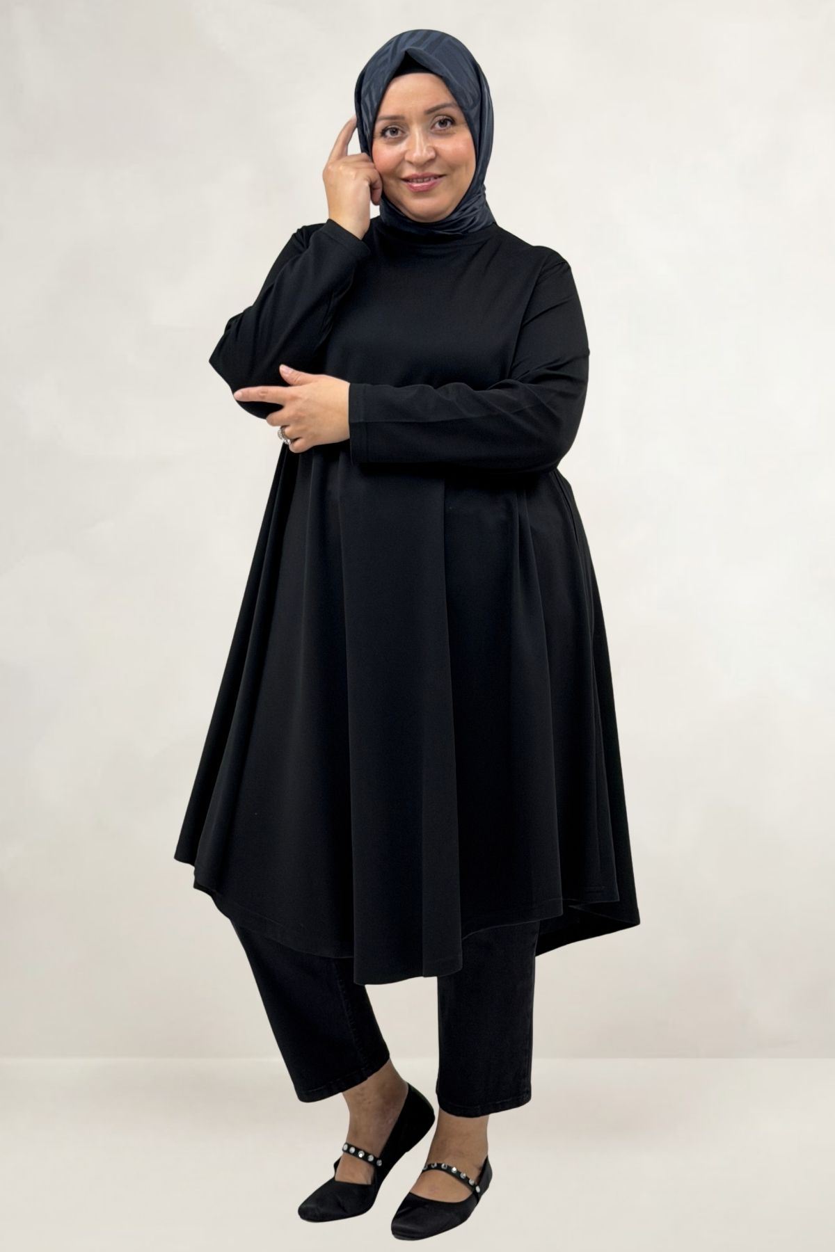 68090  Büyük Beden Modal Mevlana Tunik - Siyah