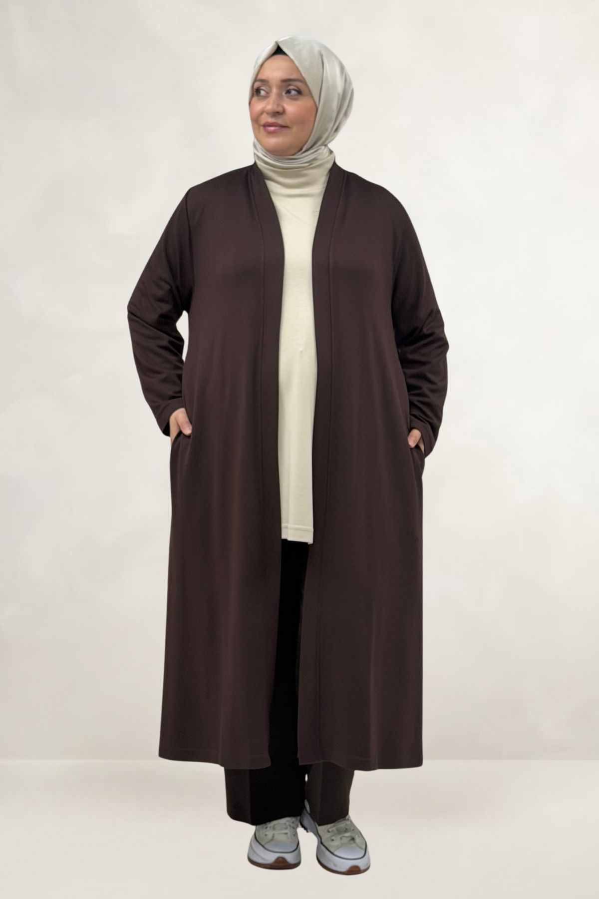 63022 Büyük Beden Modal Uzun Ceket - Kahve