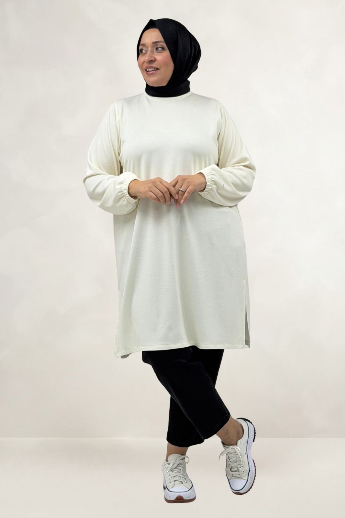 68080 Büyük Beden Basic Modal Tunik - Ekru