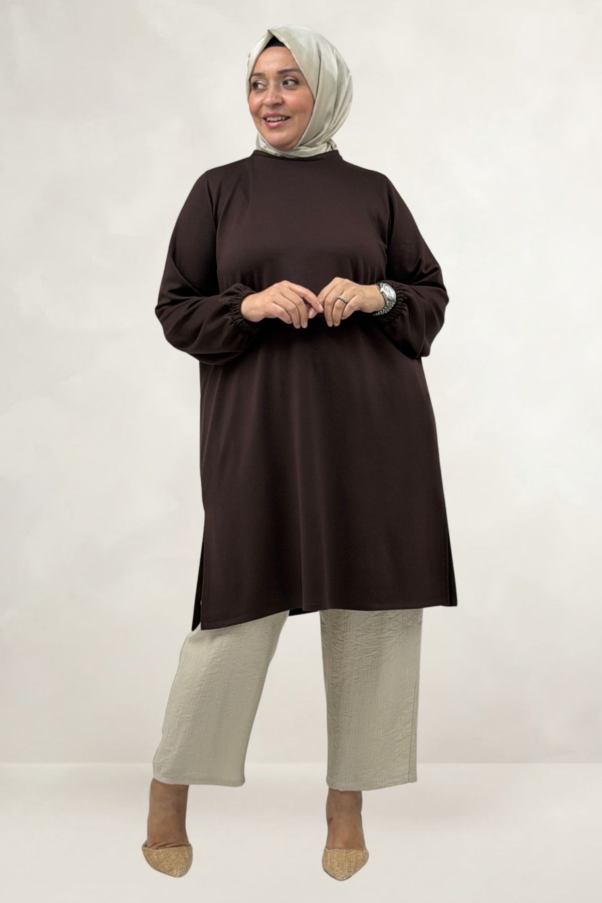 68080 Büyük Beden Basic Modal Tunik - Kahve