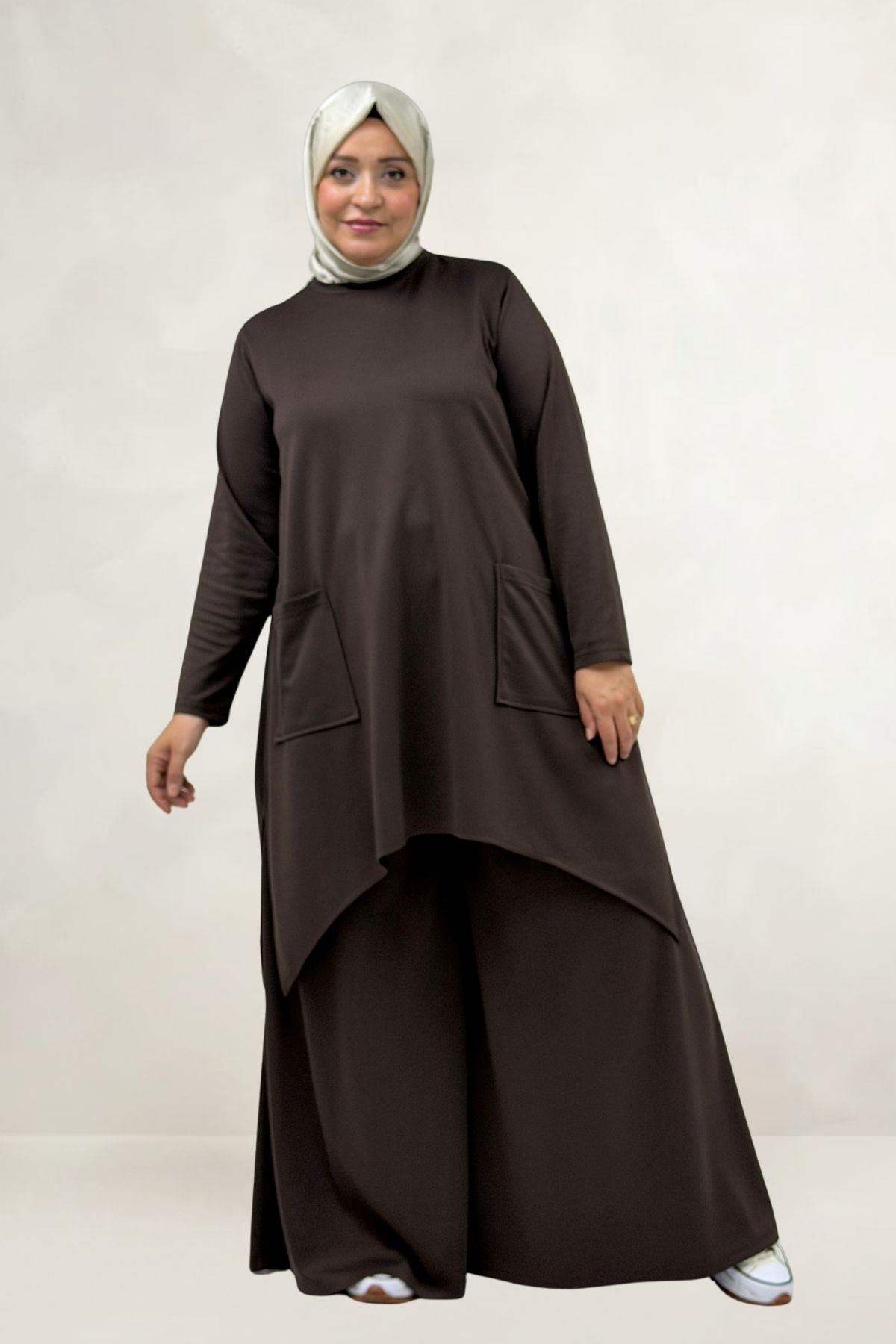 68086 Büyük Beden Eteği Oval Kesim Modal Tunik - Kahve
