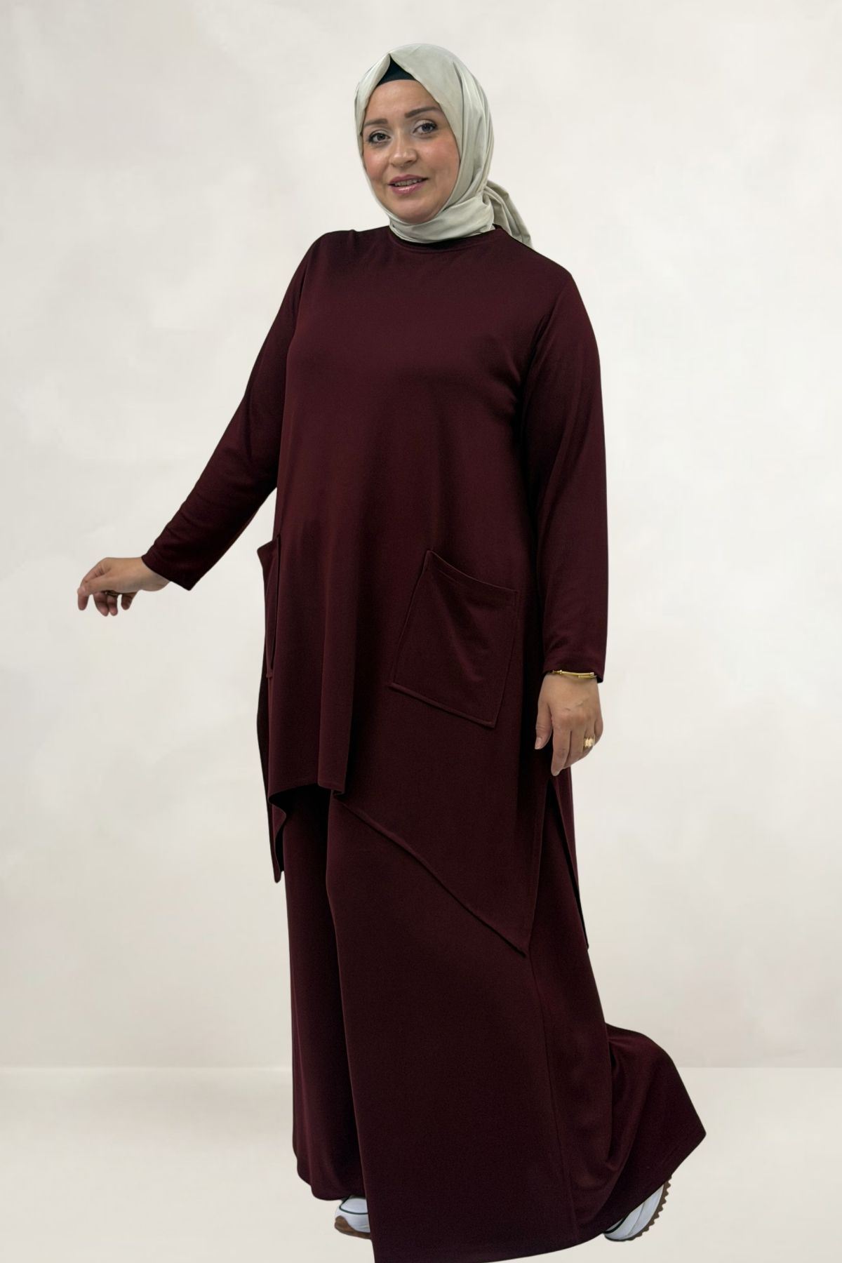 68086 Büyük Beden Eteği Oval Kesim Modal Tunik - Bordo