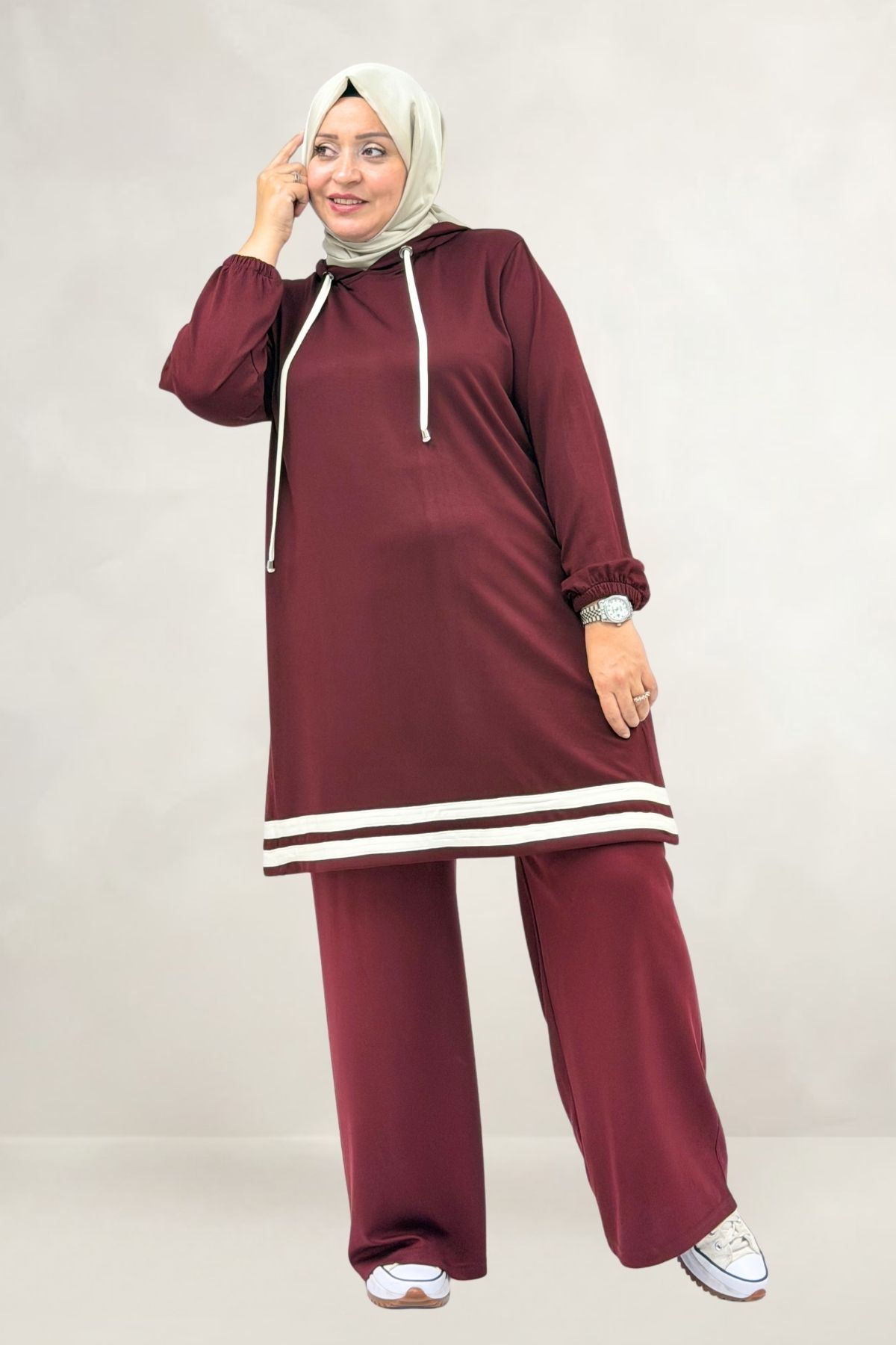 68098 Büyük Beden Şerit Detaylı Modal Tunik - Bordo
