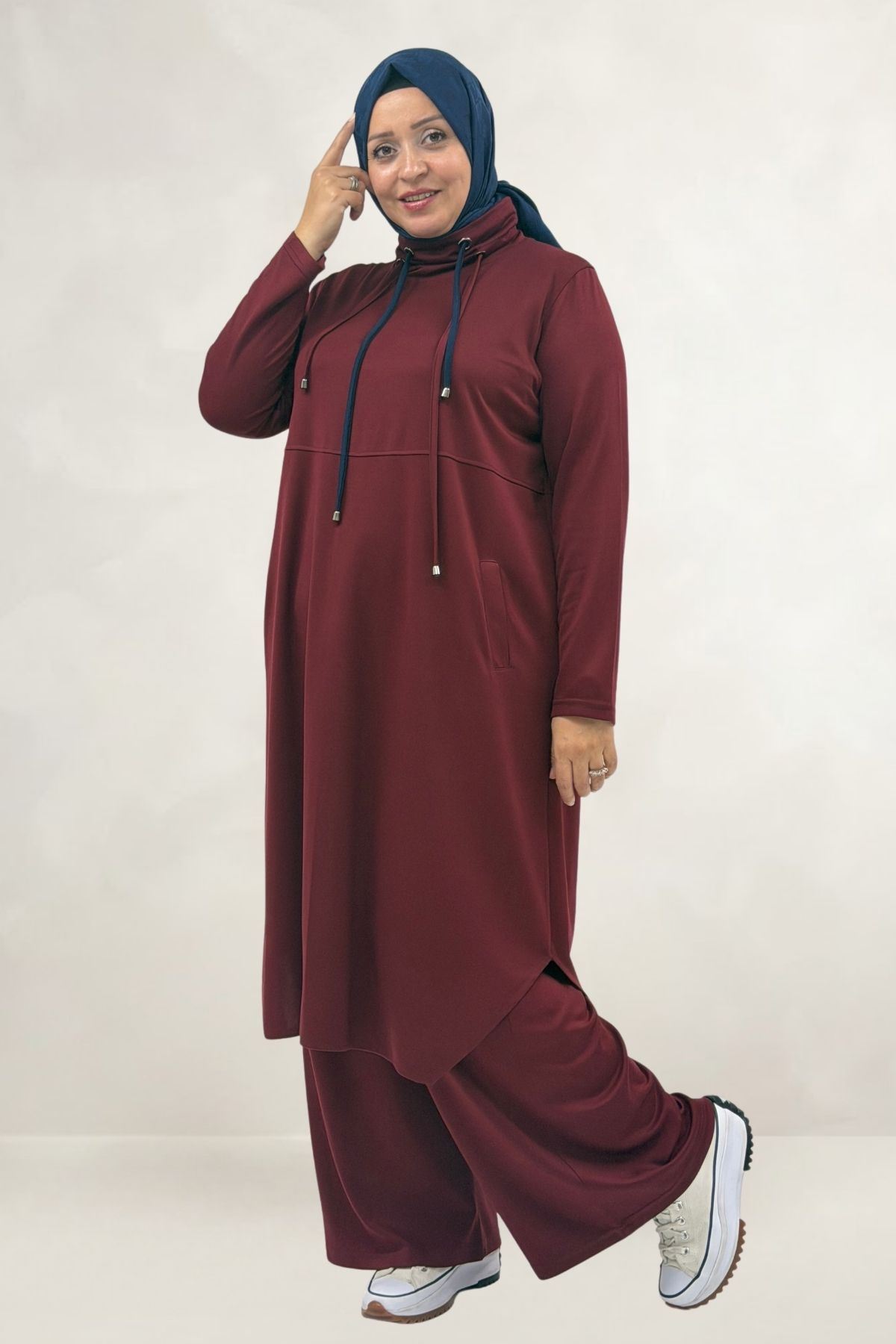 68097 Büyük Beden Çift Kordon Detaylı Modal Tunik - Bordo