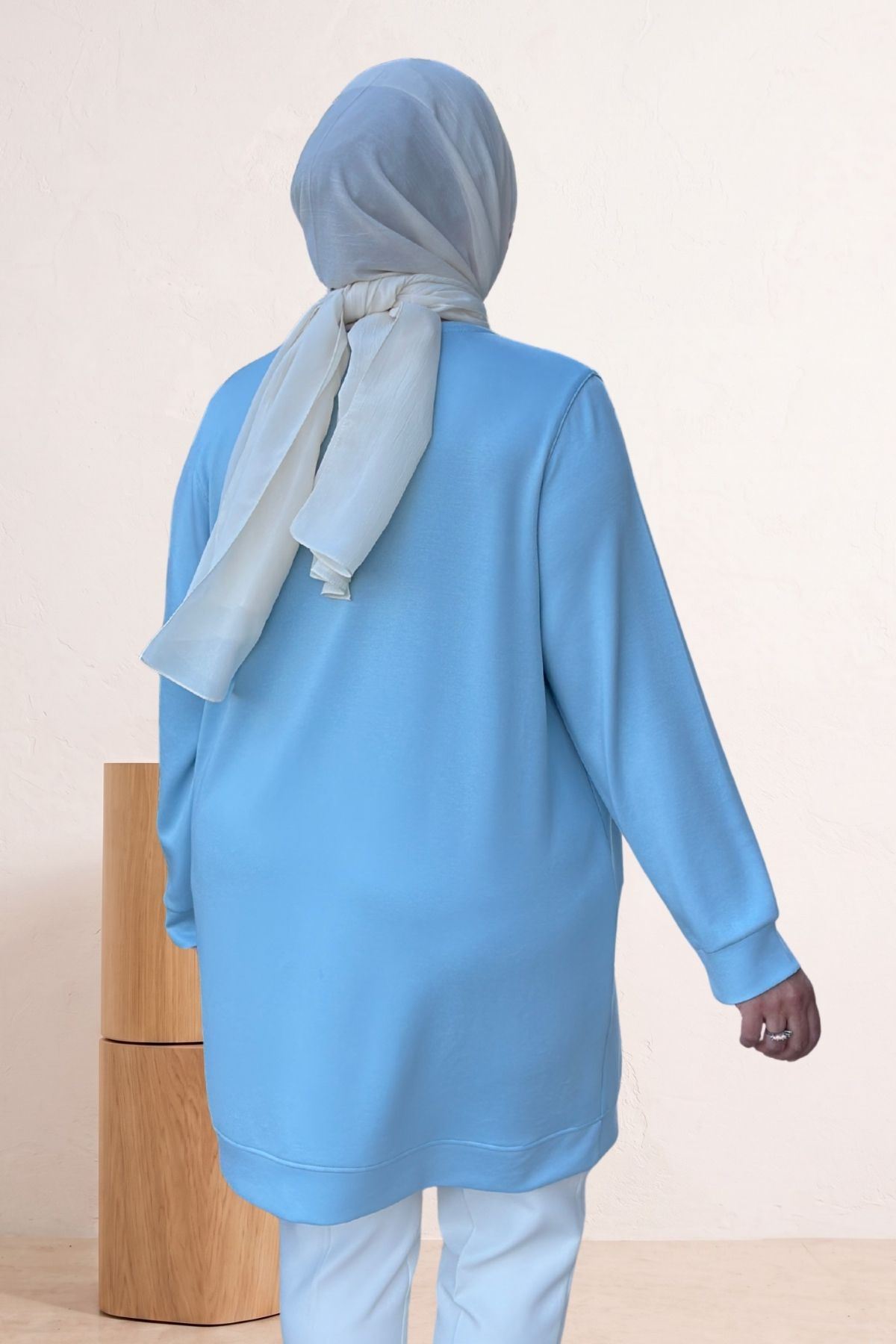 68052 Büyük Beden Kendi Kumaşından Ribanalı Modal Tunik - Bebe Mavi