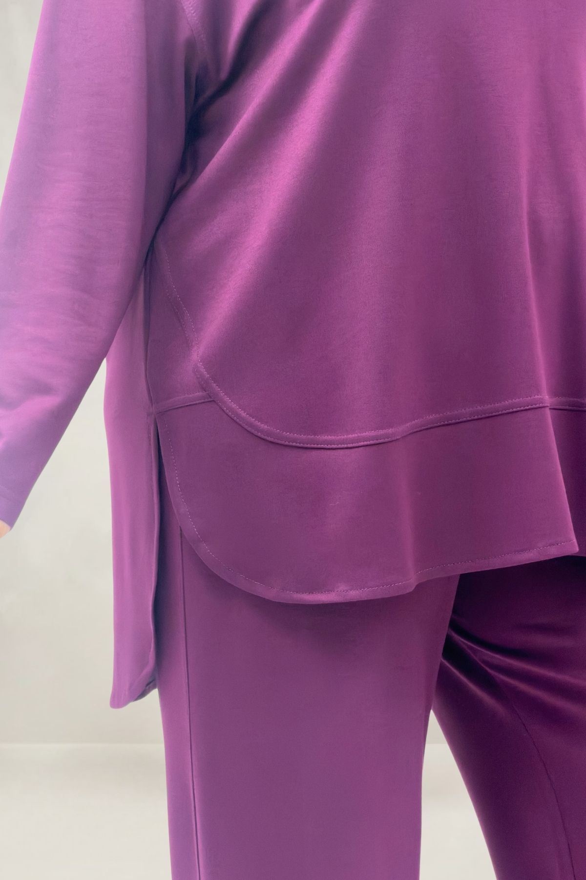 67082 Büyük Beden Eteği Oval Kesim Modal Pantolonlu Takım - Mürdüm