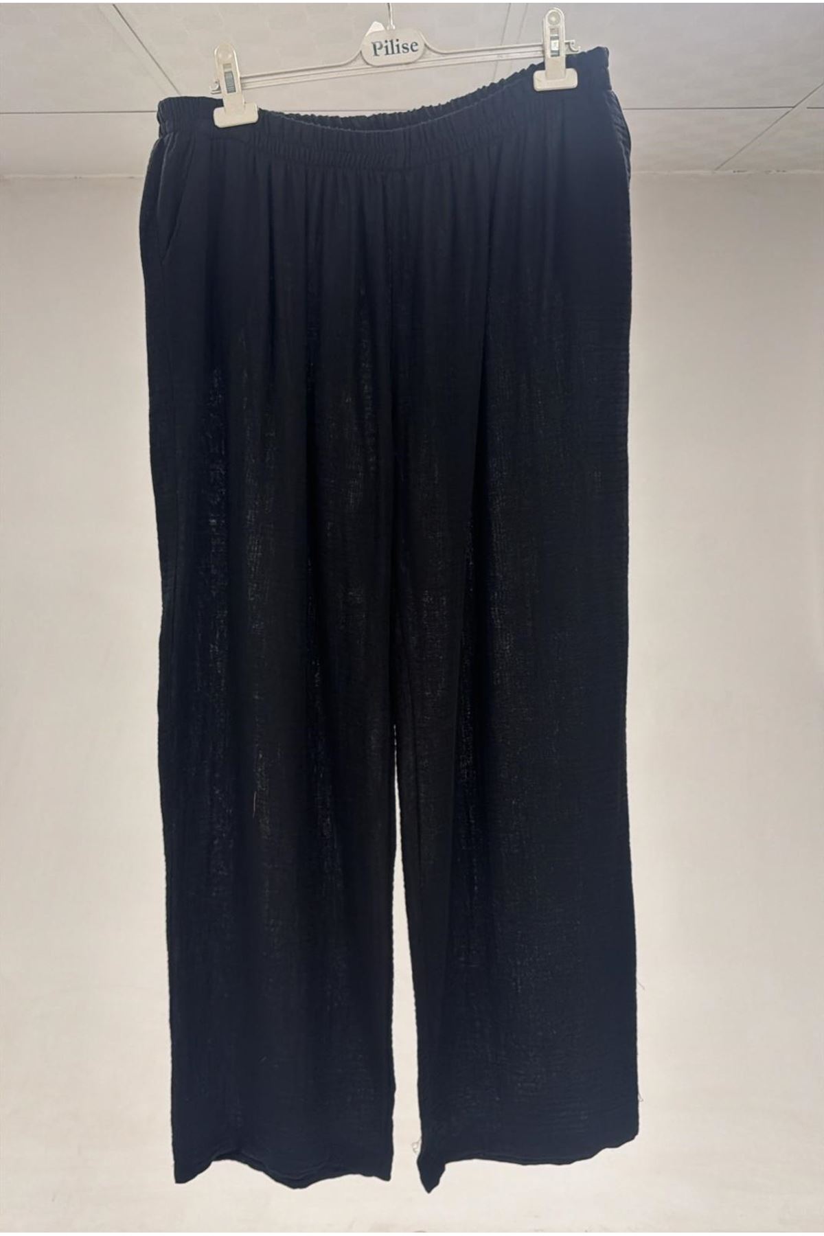 T-67051 Büyük Beden Kol Manşetli Pantolonlu Müslin Pantolon - Siyah
