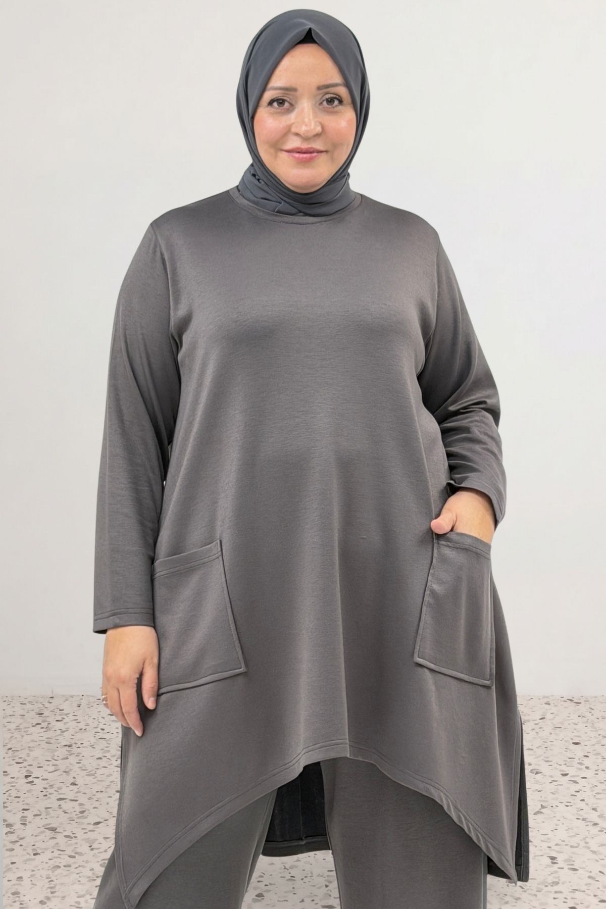 68086 Büyük Beden Eteği Oval Kesim Modal Tunik - Antrasit